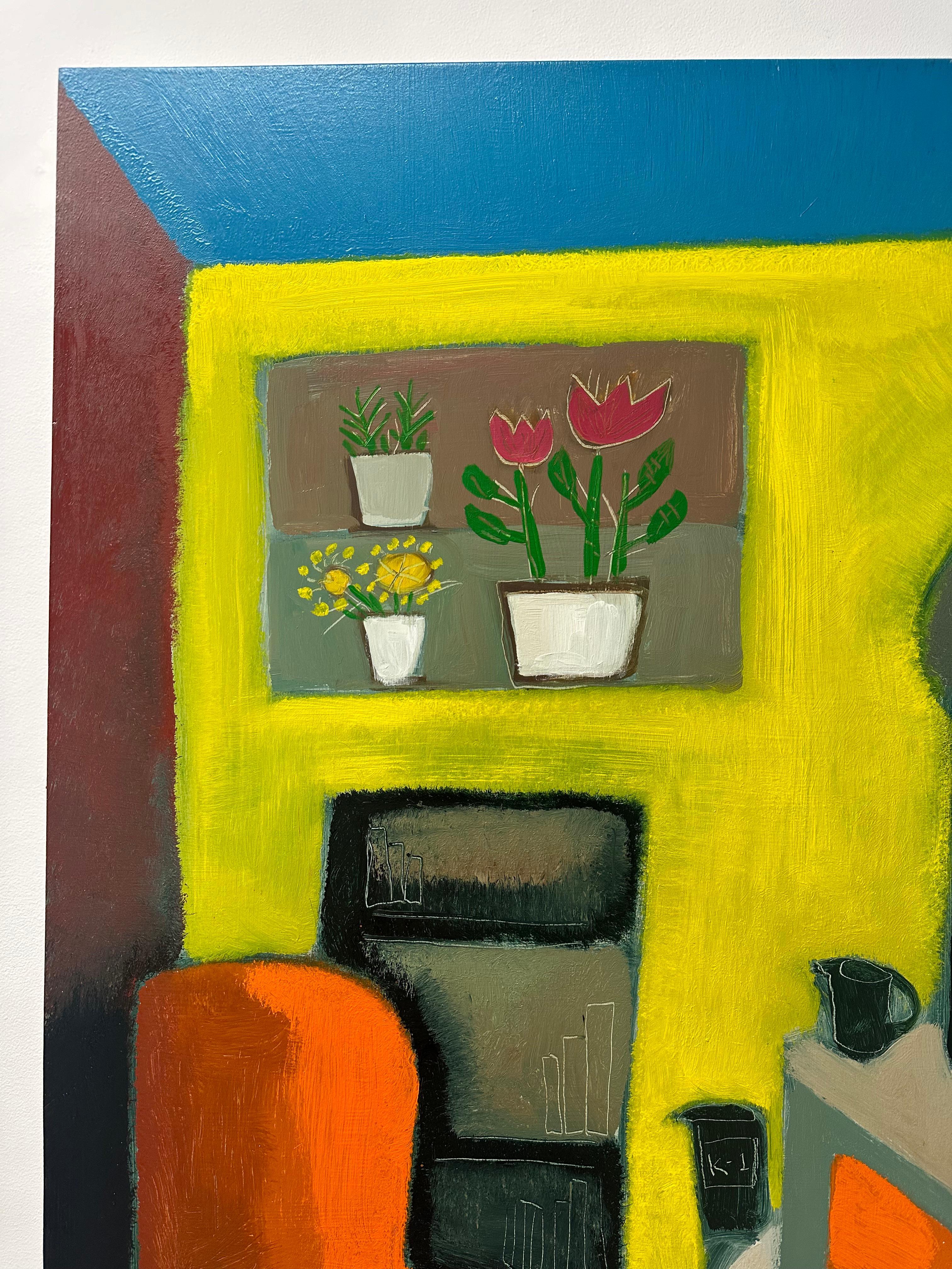 Gato de Izzy en la silla de papá - Pintura al óleo contemporánea Gato en interior, 2024 - Interior Painting Marrón de Matt Barter