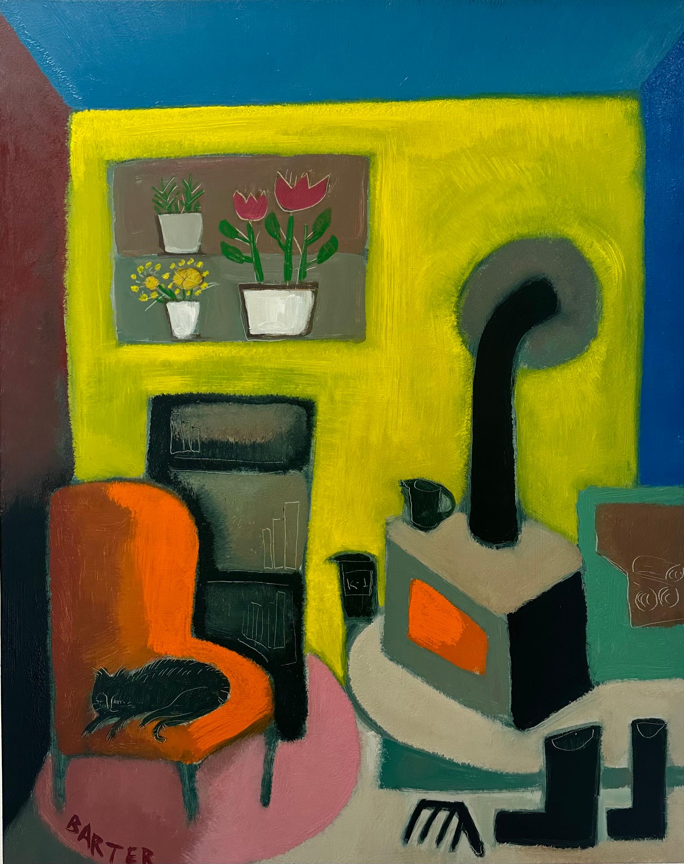 Un cuadro de interior contemporáneo en colores vivos de un acogedor salón con un gato durmiendo en un sillón naranja junto a una estufa de leña al lado de una estantería para libros debajo de dos macetas, una con flores rosas y otra con flores