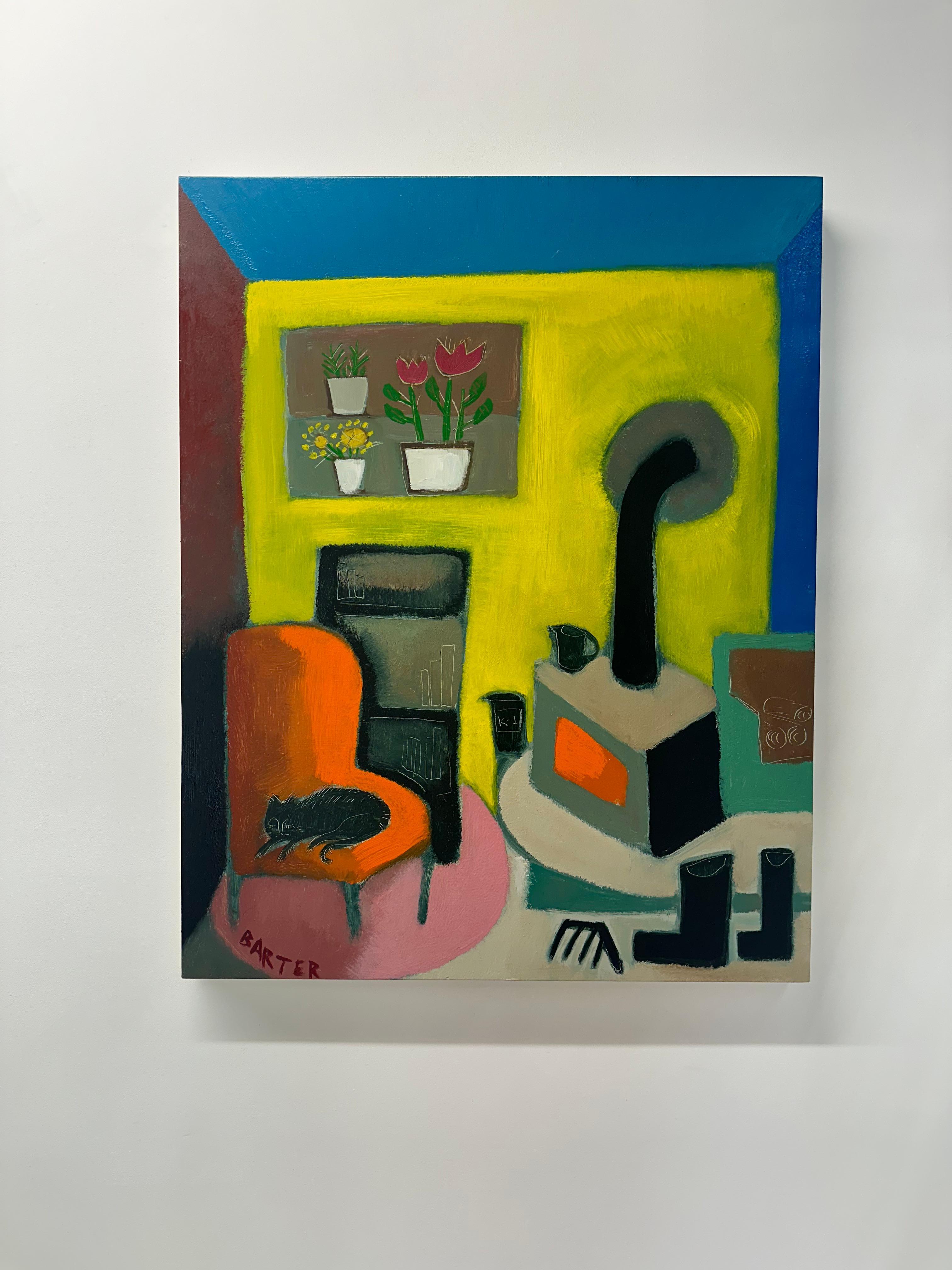 Gato de Izzy en la silla de papá - Pintura al óleo contemporánea Gato en interior, 2024 1