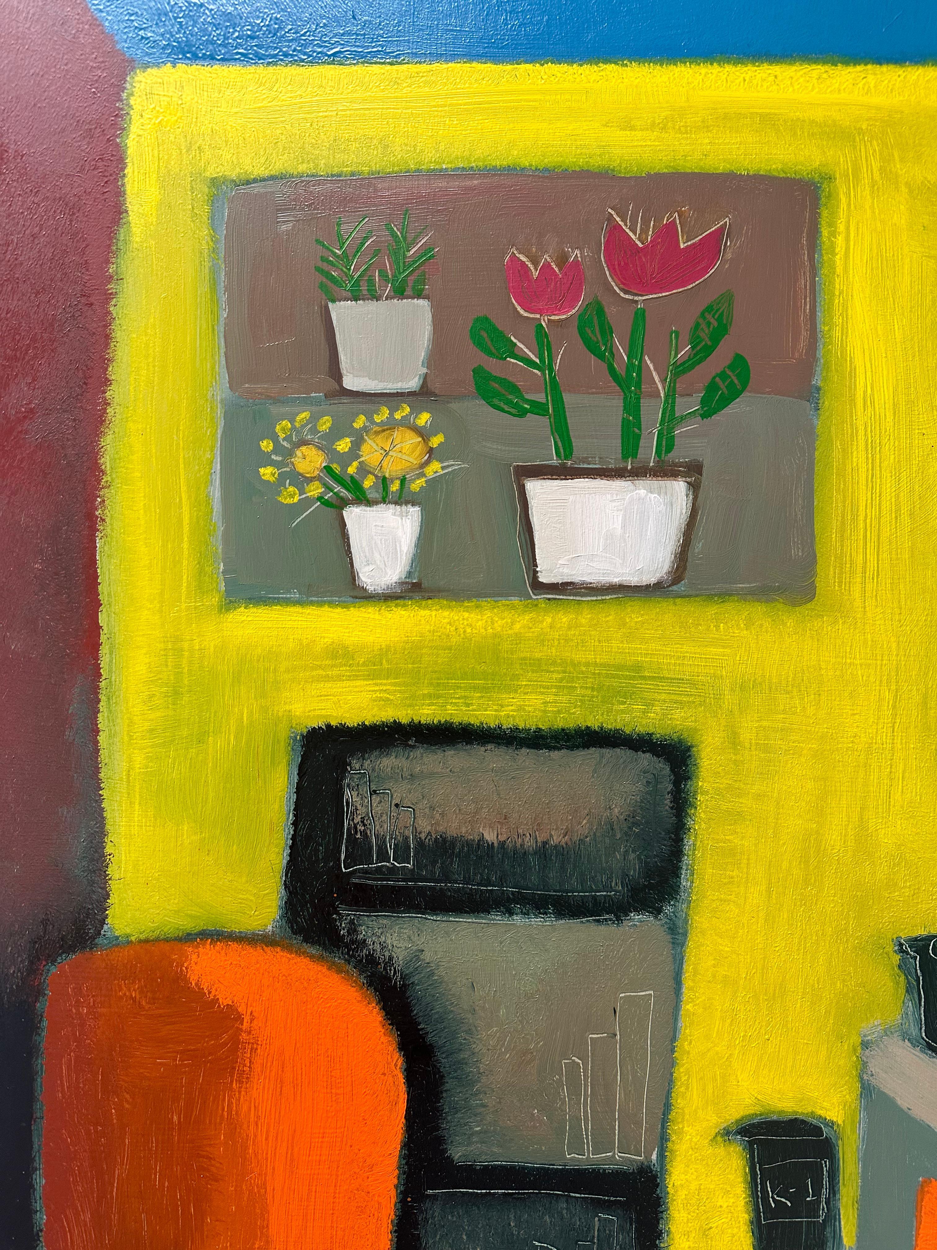 Gato de Izzy en la silla de papá - Pintura al óleo contemporánea Gato en interior, 2024 2
