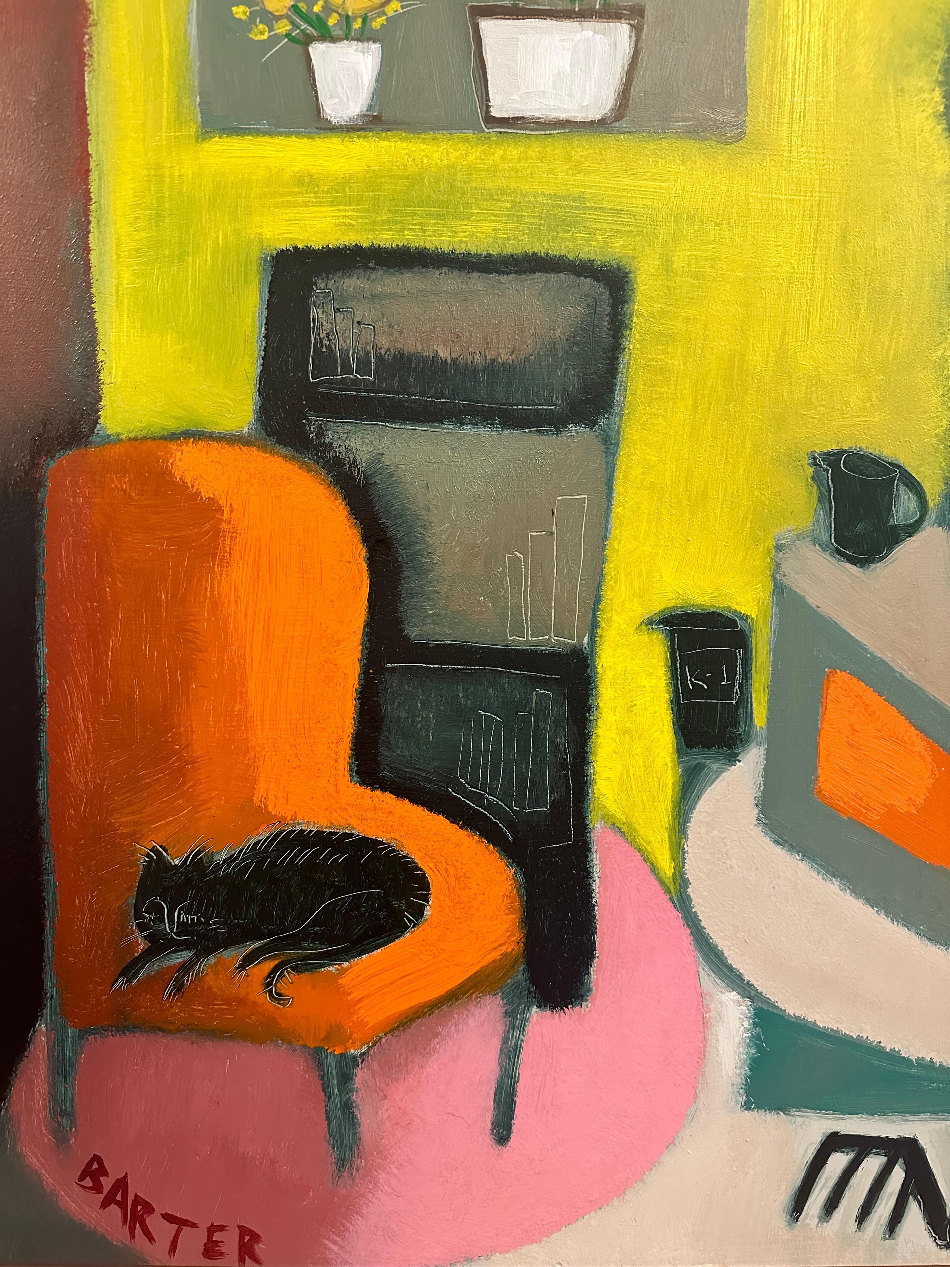 Gato de Izzy en la silla de papá - Pintura al óleo contemporánea Gato en interior, 2024 3