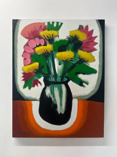 Mason Jar with Dandelions - Contemporary Still Life Yellow Flowers Orange, 2024