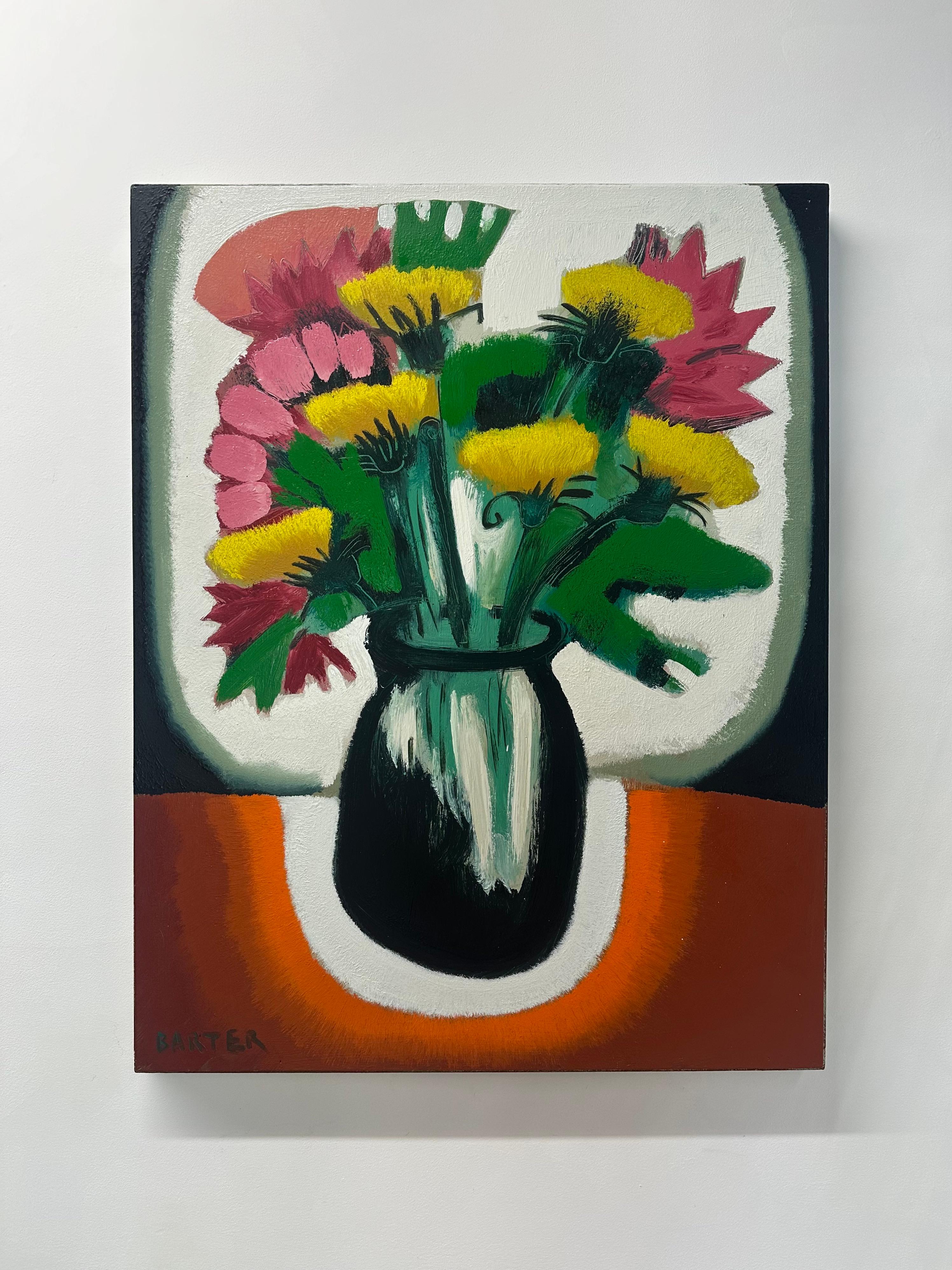 Zeitgenössisches Stillleben mit gelbem Löwenzahn und rosa Echinacea-Blüten in einem Einmachglas vor einem leuchtend orangefarbenen und dunkelkohlschwarzen Hintergrund. Rekto signiert, verso signiert, datiert und betitelt.

Die Gemälde von Matt