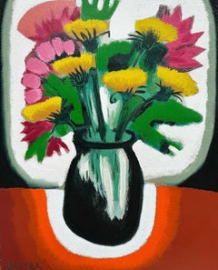 Mason Jar with Dandelions - Contemporary Still Life Yellow Flowers Orange, 2024