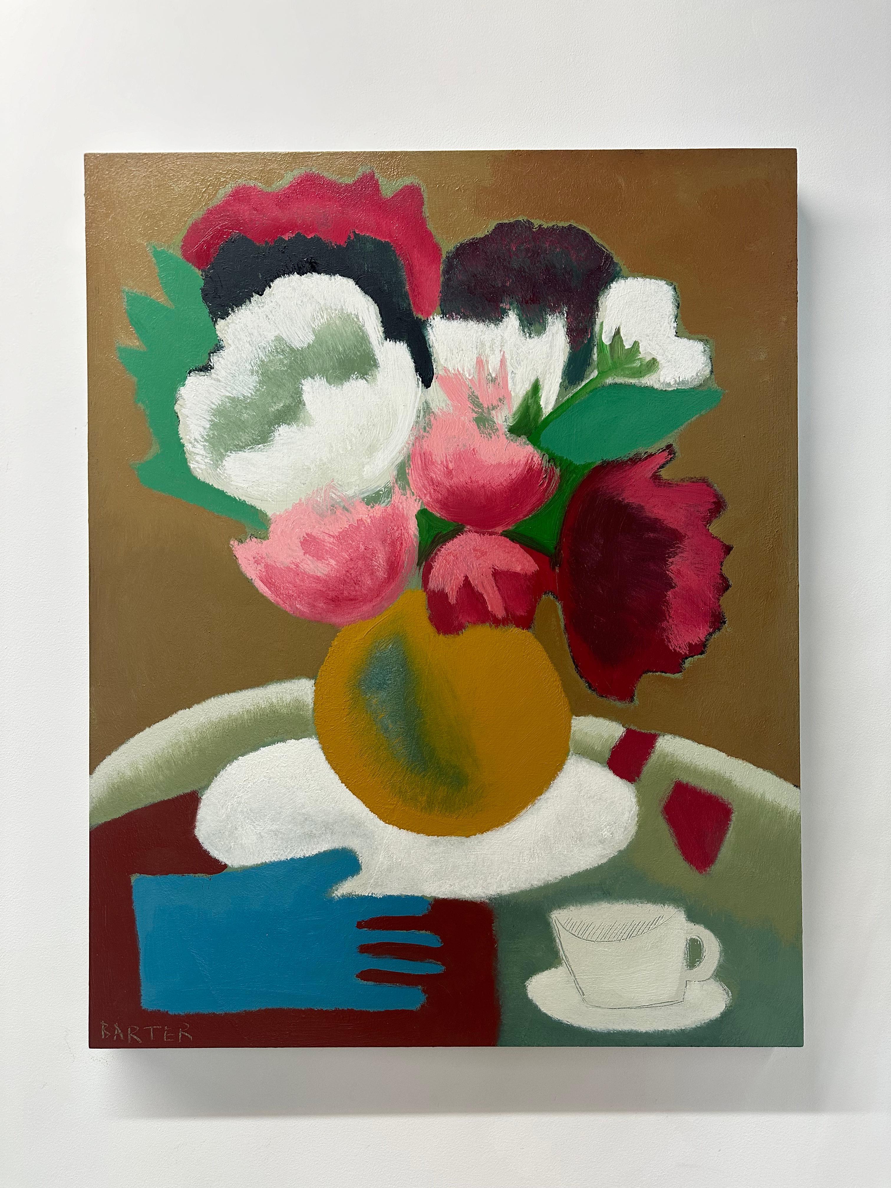 Pivoines - Nature morte contemporaine Pivoines dans un vase Gant de thé, 2024 - Painting de Matt Barter