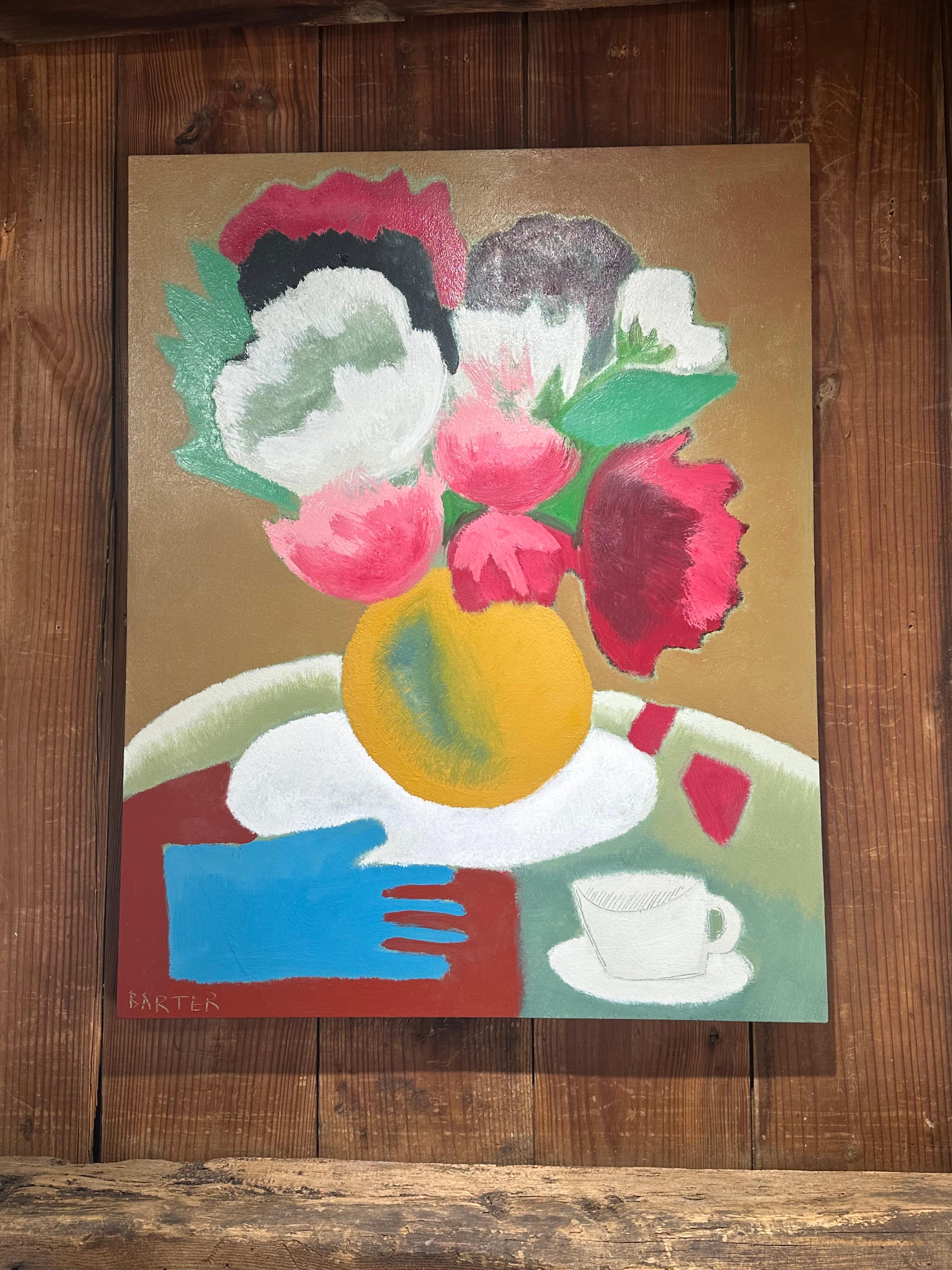 Pivoines - Nature morte contemporaine Pivoines dans un vase Gant de thé, 2024 - Marron Still-Life Painting par Matt Barter