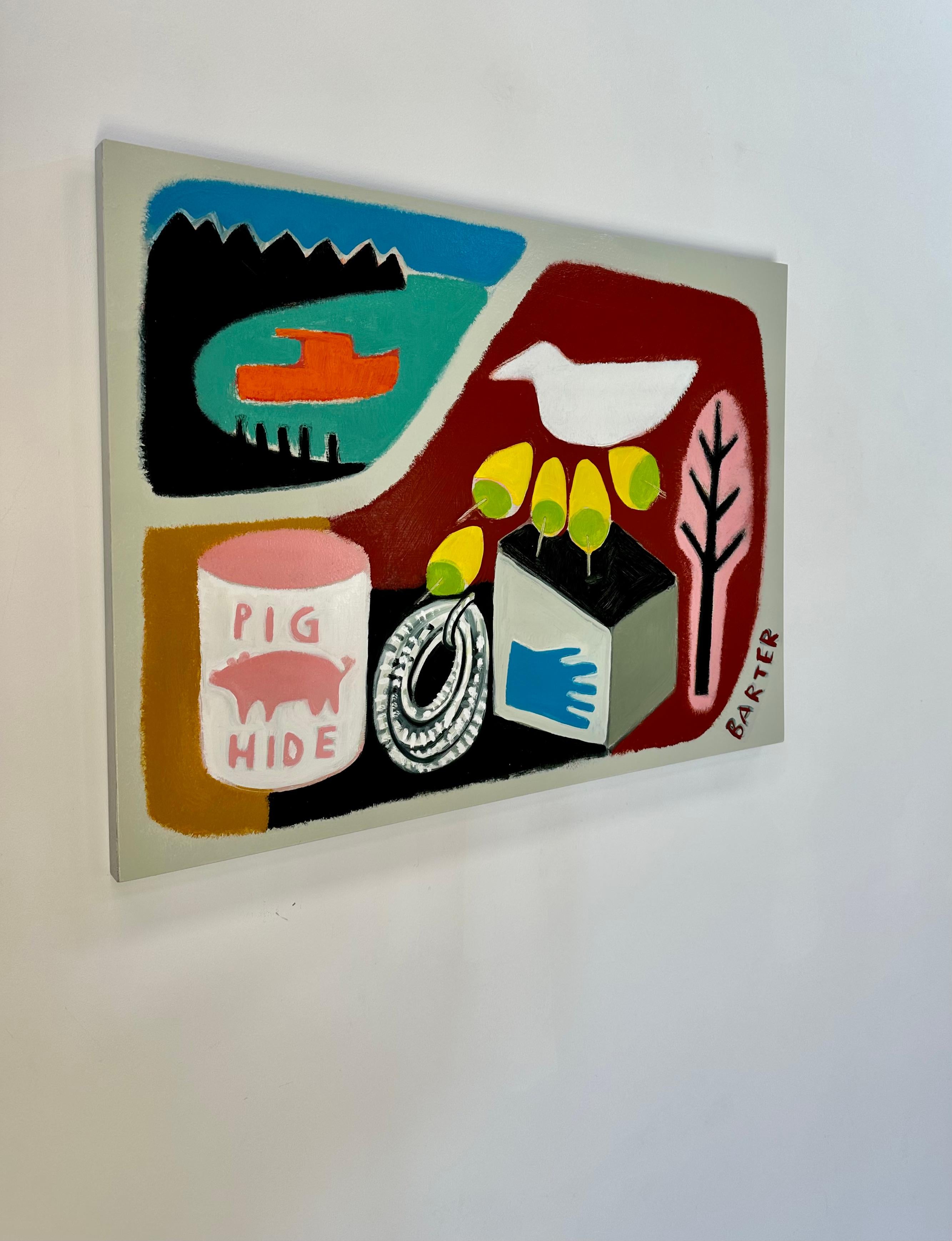 Esca di maiale, boe gialle, guanti blu, barca arancione nel porto, uccello bianco - Painting Contemporaneo di Matt Barter