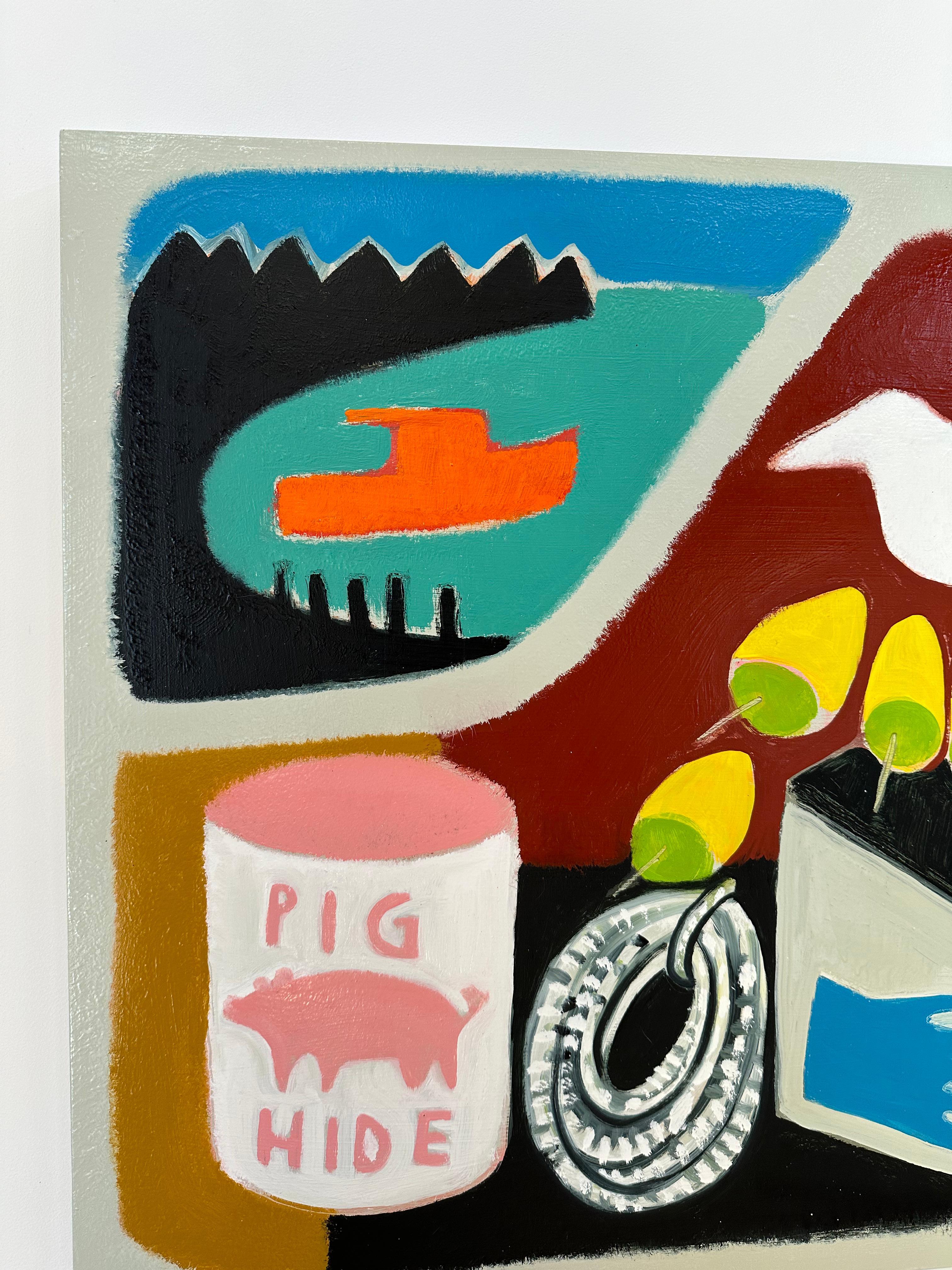 Pig Hide Bait, Yellow Buoys, Blue Gloves, Orange Boat in Harbor, White Bird - Contemporary Painting by Matt Barter
