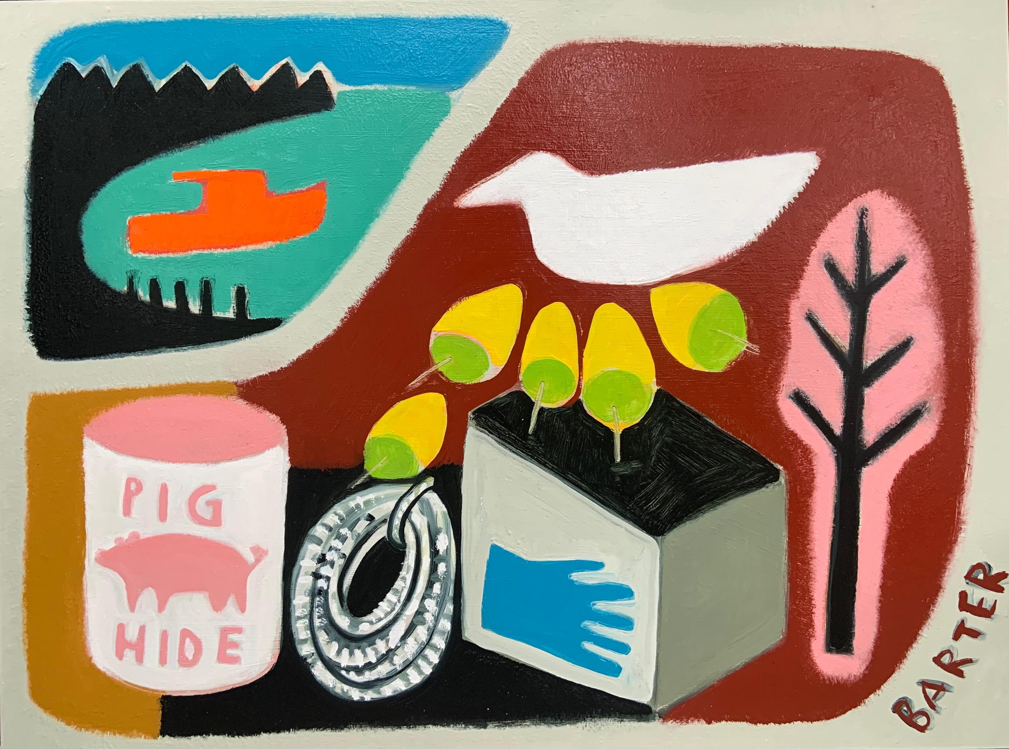 Matt Barter Still-Life Painting - Pig Hide Bait, Yellow Buoys, Blue Gloves, Orange Boat in Harbor, White Bird