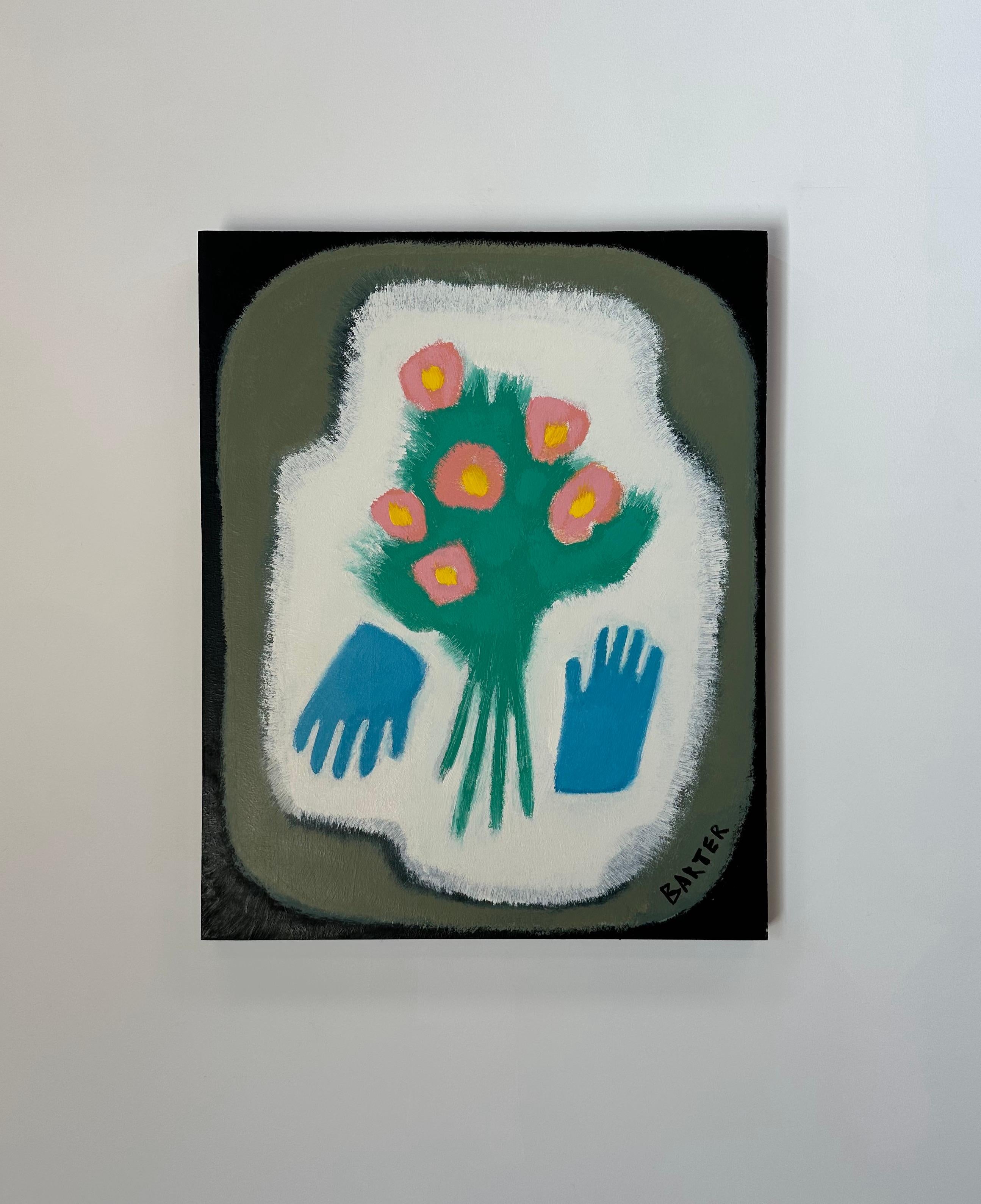 Roses de rivage et gants d'appât - Nature morte botanique Jaune Rose Fleurs Bleu 2023 - Painting de Matt Barter