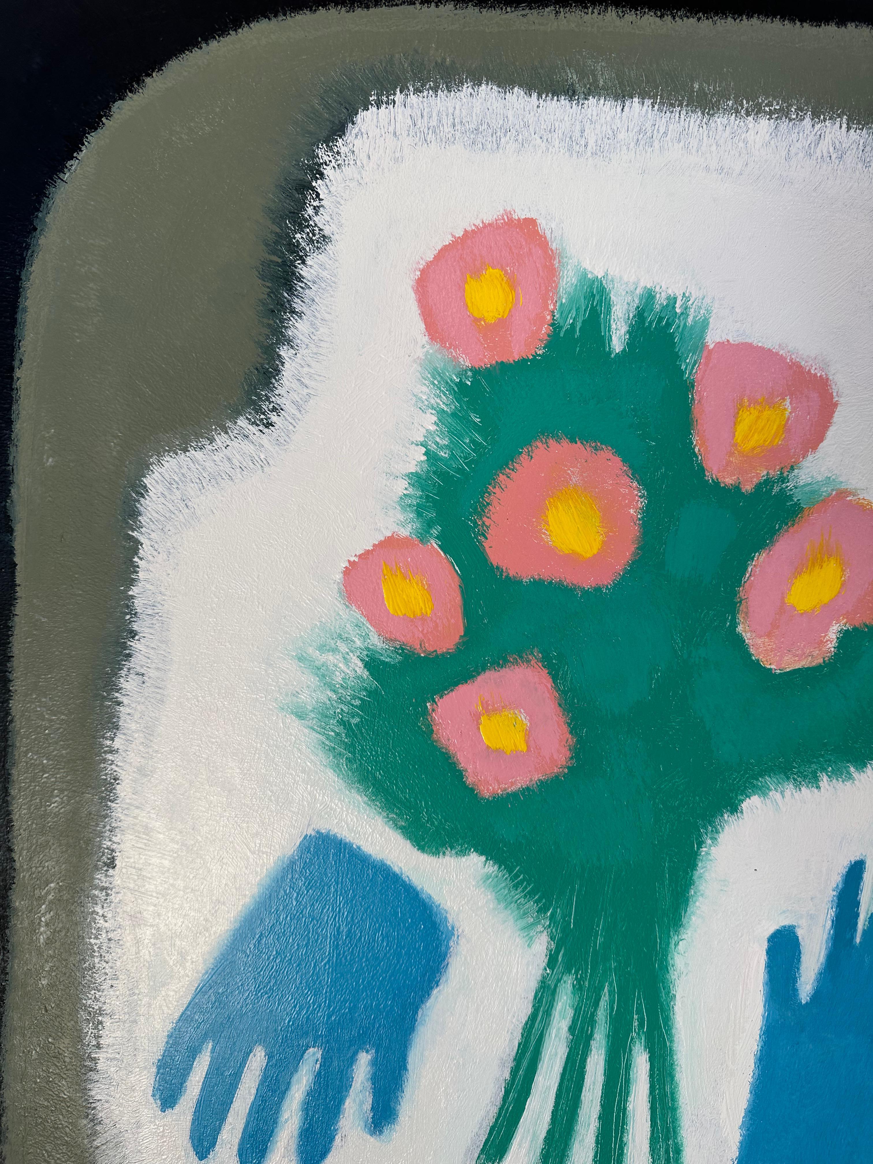 Roses de rivage et gants d'appât - Nature morte botanique Jaune Rose Fleurs Bleu 2023 - Contemporain Painting par Matt Barter