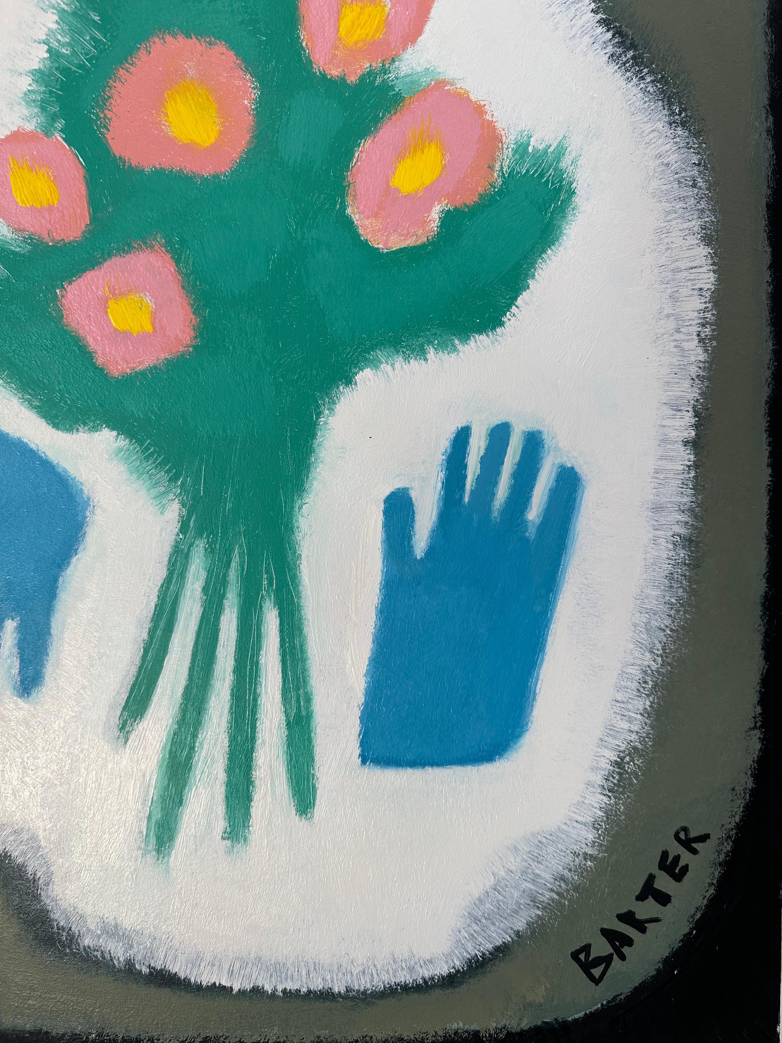 Roses de rivage et gants d'appât - Nature morte botanique Jaune Rose Fleurs Bleu 2023 en vente 1