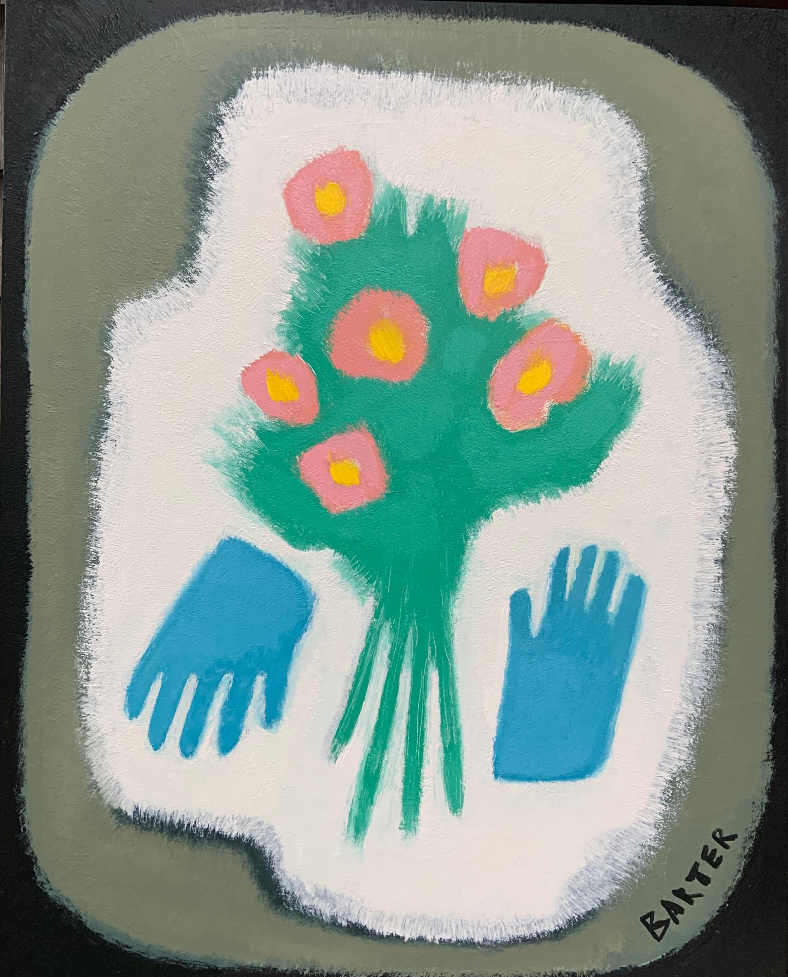 Matt Barter Still-Life Painting - Shore Roses and Bait Gloves, Botanical Still Life, Yellow, Pink Flowers, Blue