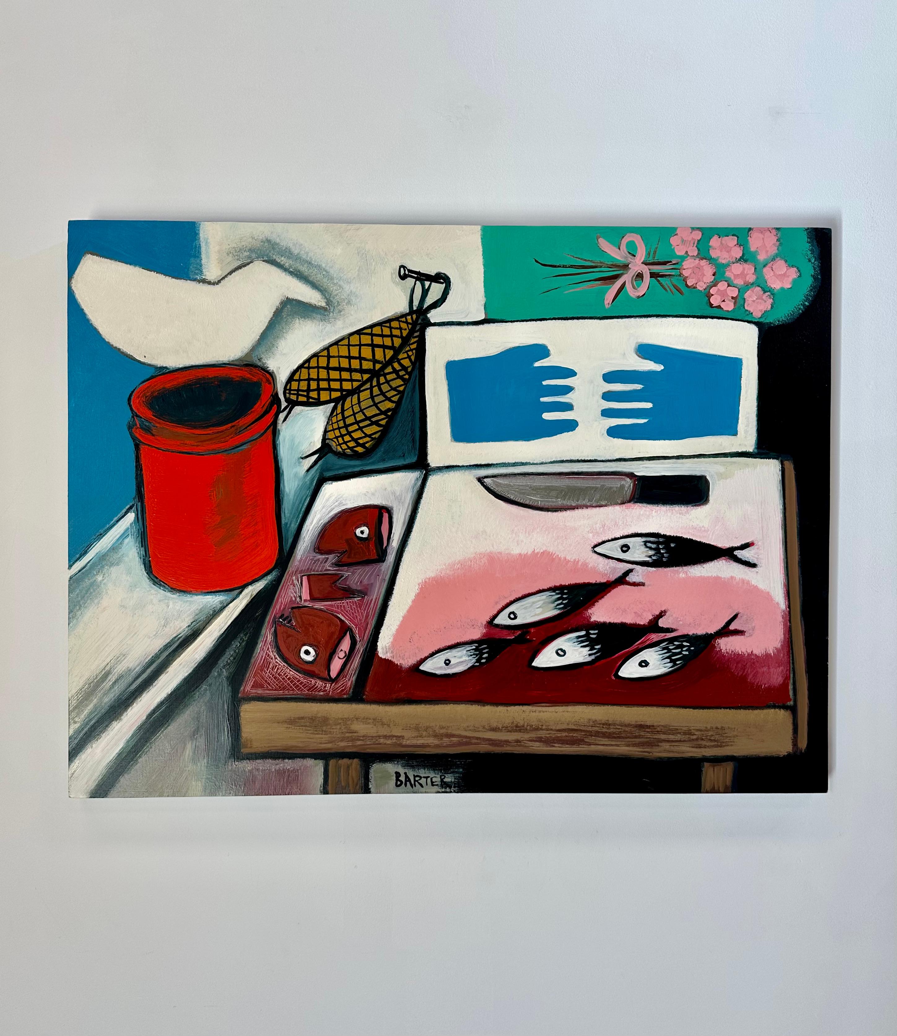 The Bait Bin, Kitchen, Fish, Blue Bait Gloves, Knife, Red Bucket, Pink Flowers - Painting by Matt Barter