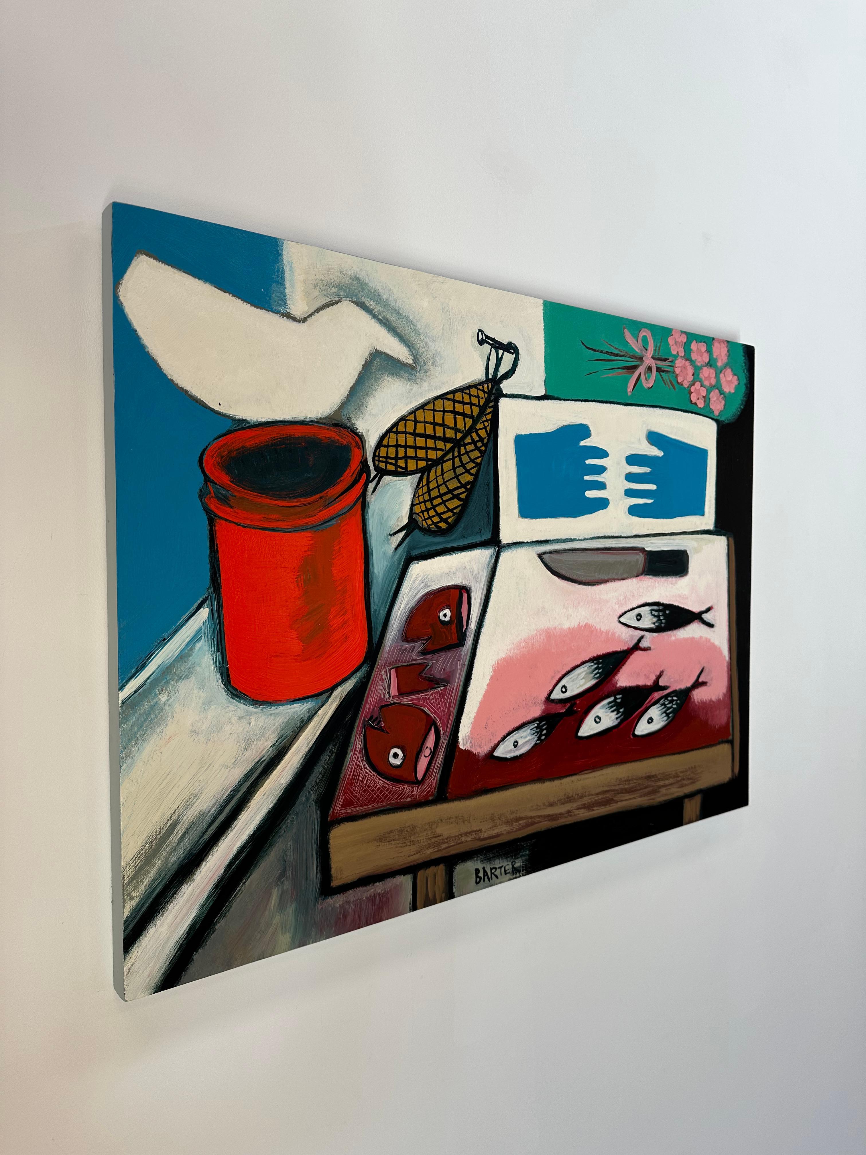 The Bait Bin, Kitchen, Fish, Blue Bait Gloves, Knife, Red Bucket, Pink Flowers - Contemporary Painting by Matt Barter