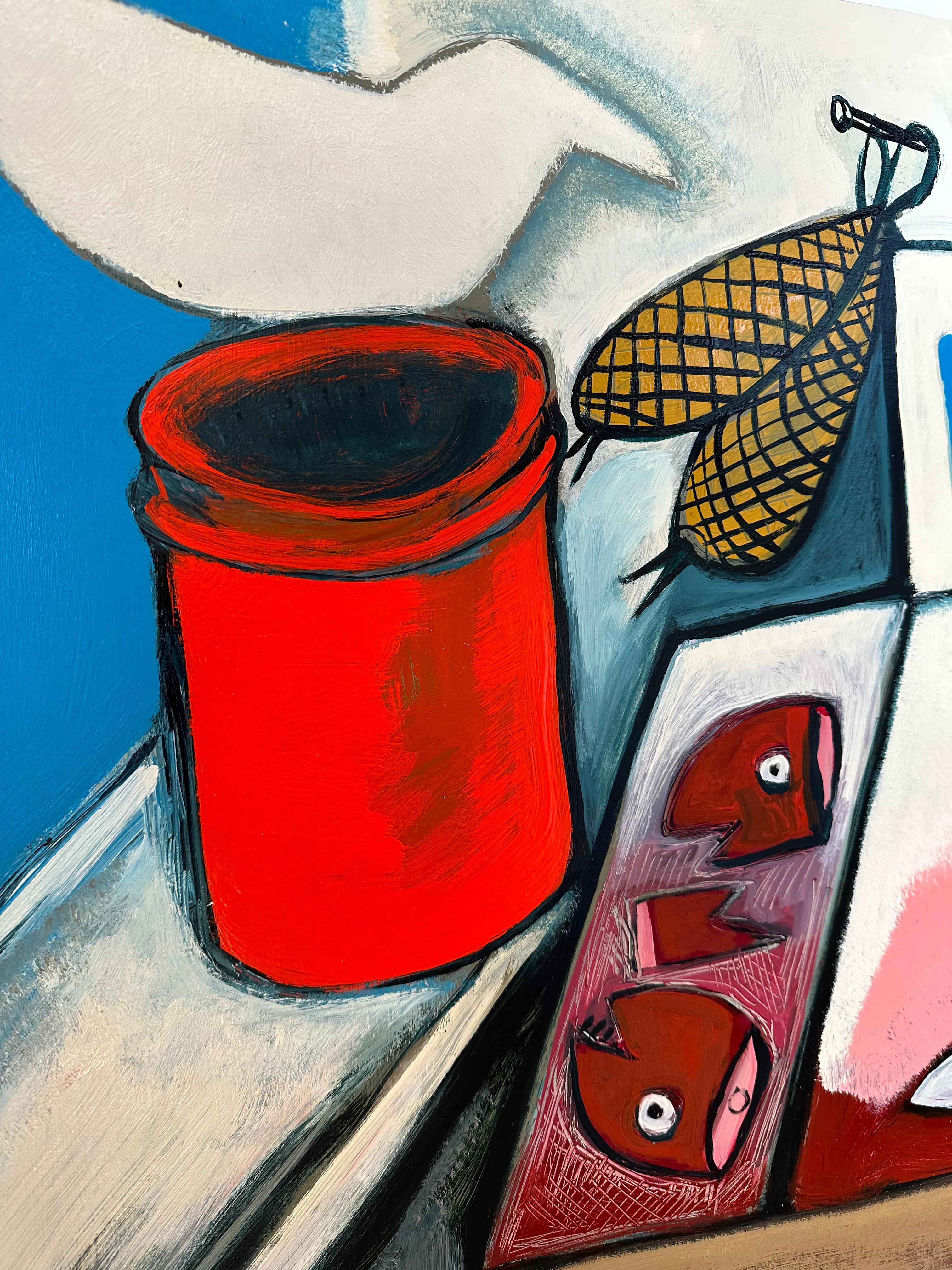 A kitchen interior with a still life arrangement of blue bait gloves and fish on a cutting board beneath a knife with pink flowers at the top, a red bucket and white bird in the window. Signed on recto and verso.

Matt Barter’s paintings center on