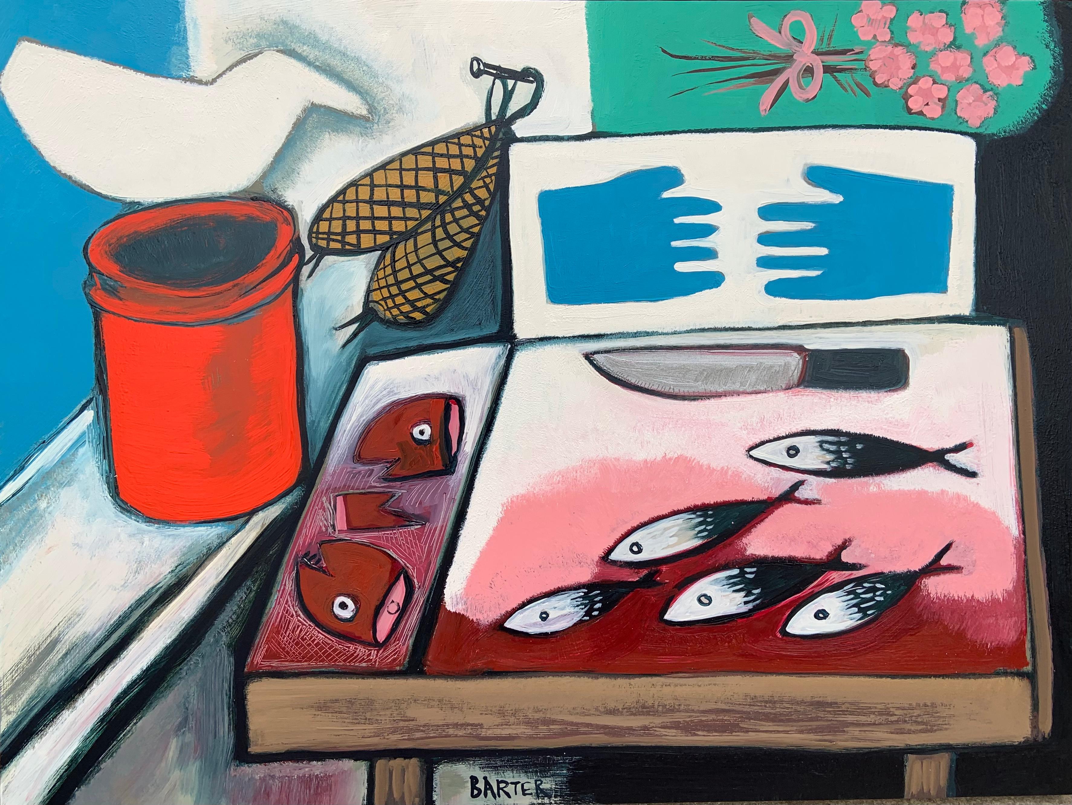 Matt Barter Interior Painting – The Bait Bin, Küche, Fisch, Blaue Baithandschuhe, Messer, Roter, Eimer, Rosa Blumen