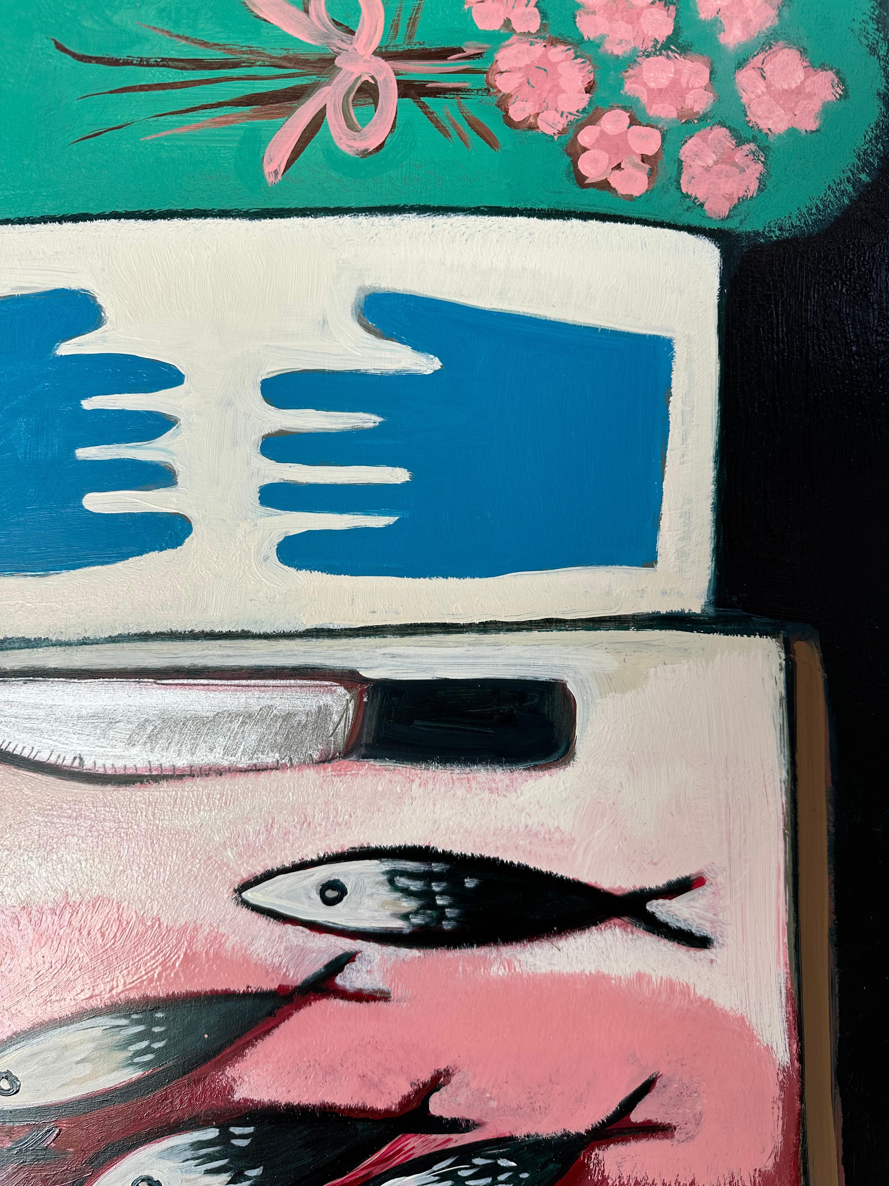 The Bait Bin - Kitchen Fish Blue Gloves Pink Flowers Contemporary Interior, 2023 (La poubelle à appâts - Poisson de cuisine - Gants bleus - Fleurs roses - Intérieur contemporain) en vente 5