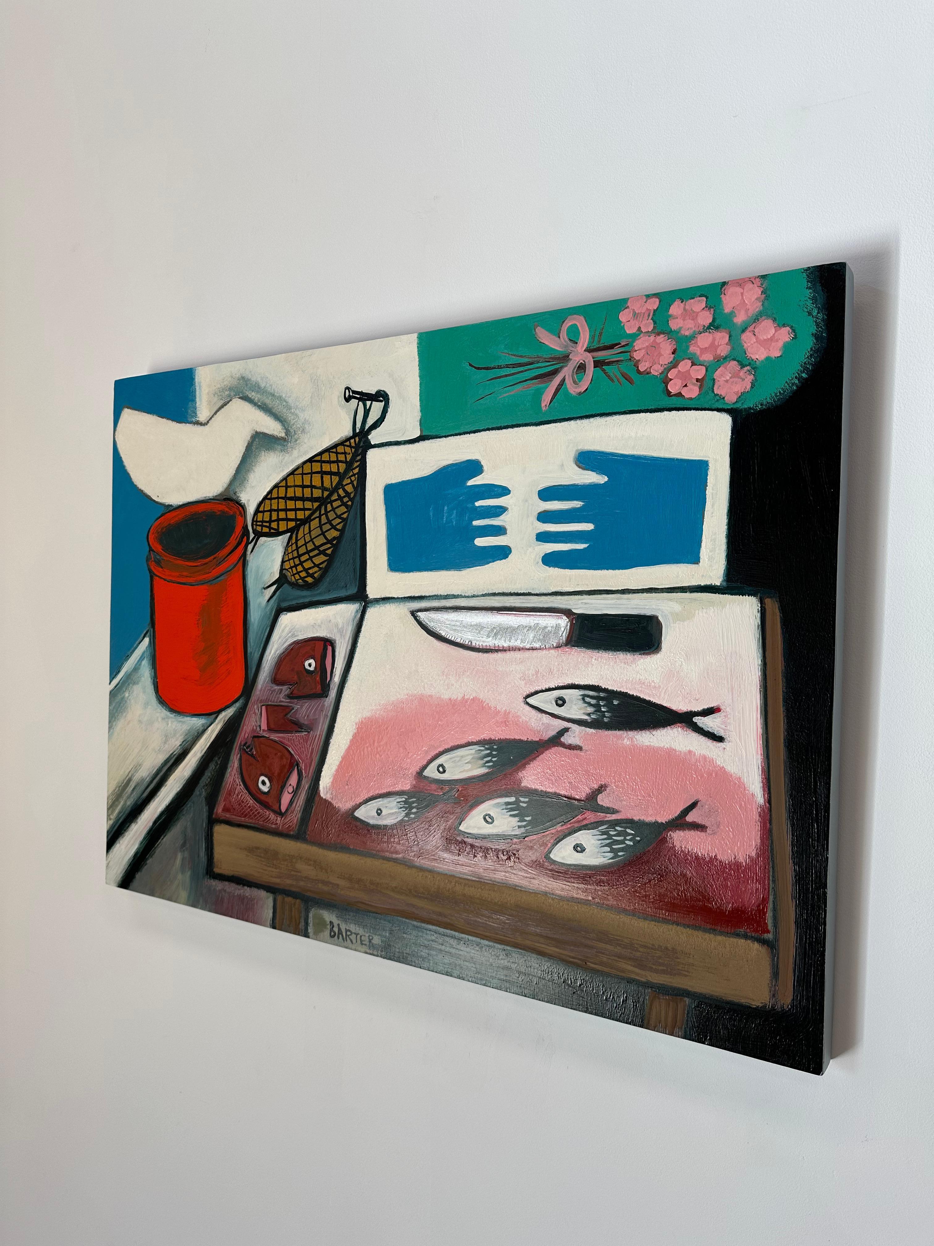 The Bait Bin - Kitchen Fish Blue Gloves Pink Flowers Contemporary Interior, 2023 (La poubelle à appâts - Poisson de cuisine - Gants bleus - Fleurs roses - Intérieur contemporain) en vente 7