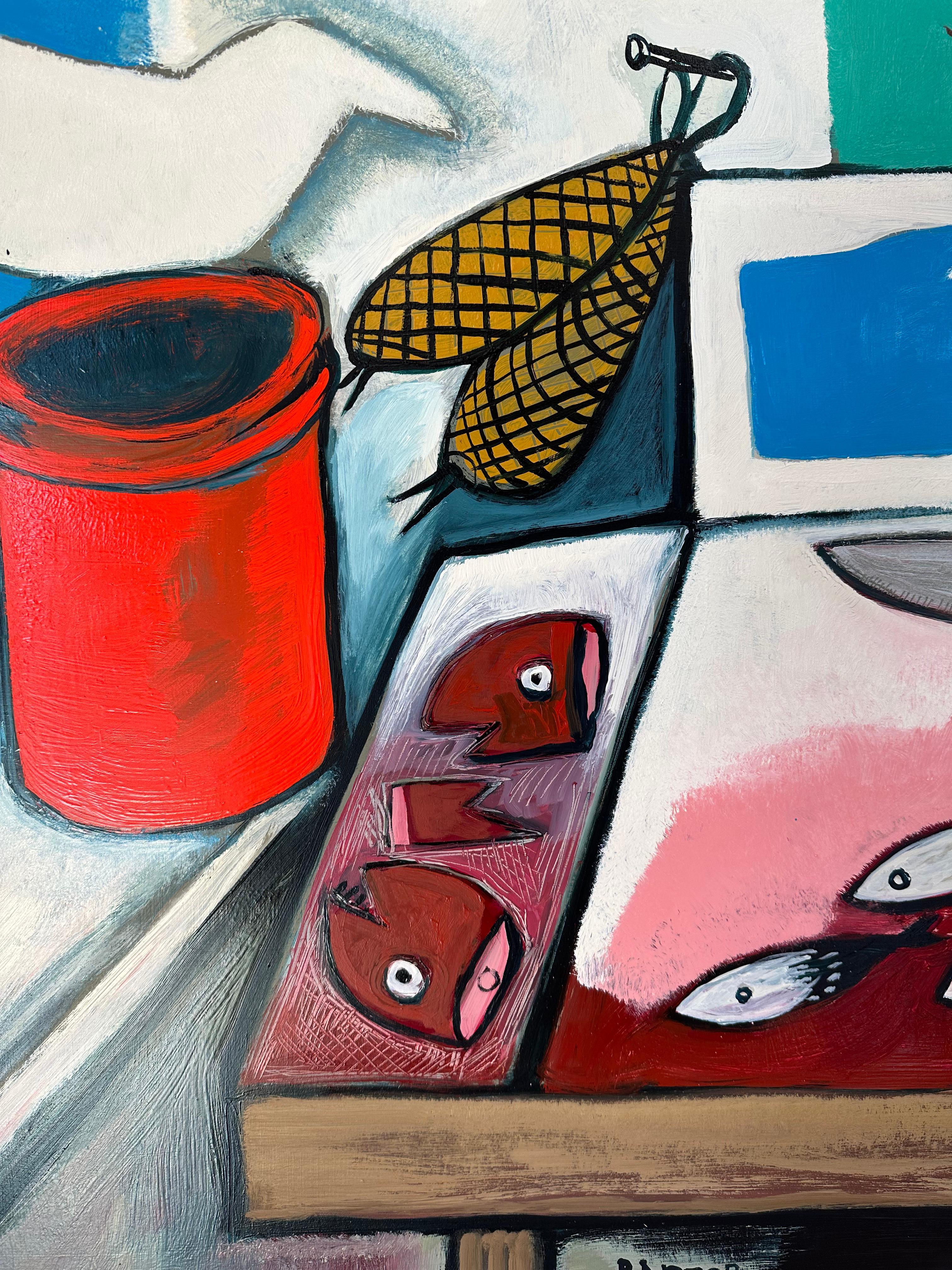 The Bait Bin - Kitchen Fish Blue Gloves Pink Flowers Contemporary Interior, 2023 (La poubelle à appâts - Poisson de cuisine - Gants bleus - Fleurs roses - Intérieur contemporain) en vente 1