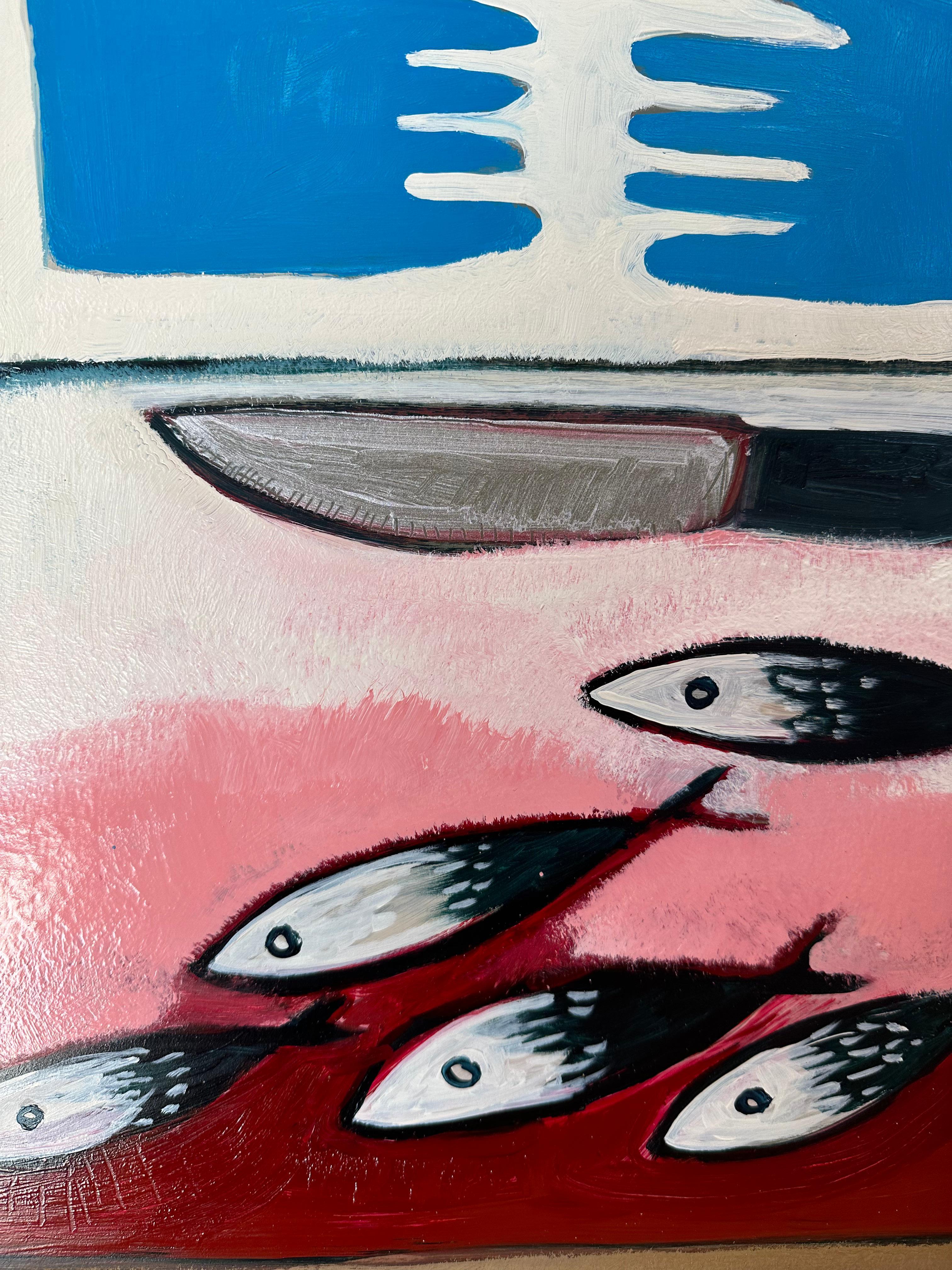 The Bait Bin - Kitchen Fish Blue Gloves Pink Flowers Contemporary Interior, 2023 (La poubelle à appâts - Poisson de cuisine - Gants bleus - Fleurs roses - Intérieur contemporain) en vente 2