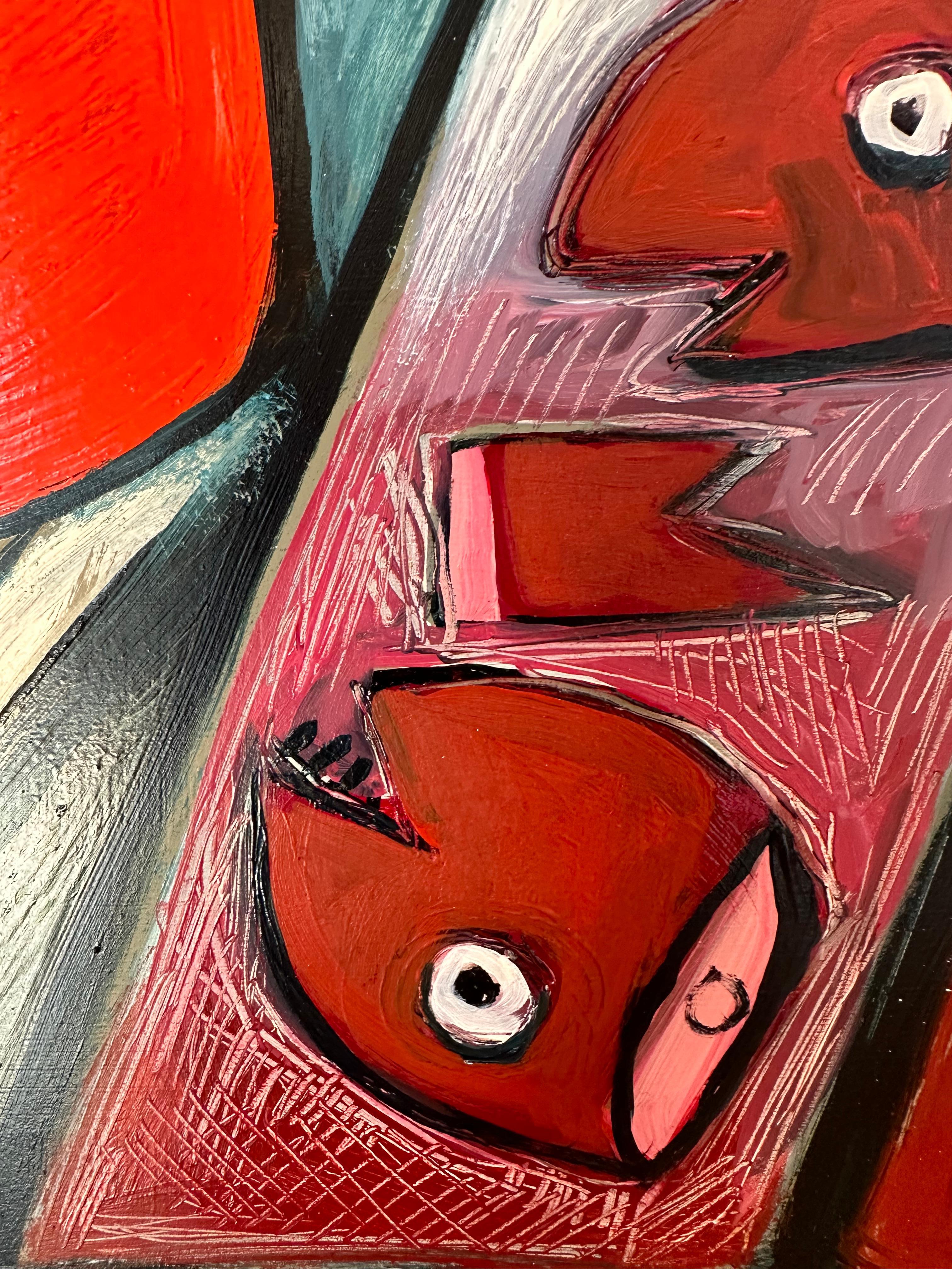 The Bait Bin - Kitchen Fish Blue Gloves Pink Flowers Contemporary Interior, 2023 (La poubelle à appâts - Poisson de cuisine - Gants bleus - Fleurs roses - Intérieur contemporain) en vente 4