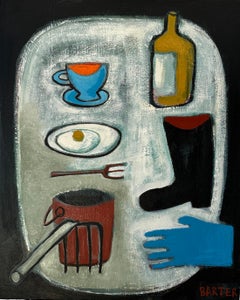 Worm Digger's Breakfast, Egg, Plate, Black Boot, Ochre Bottle, Blue Glove, Mug