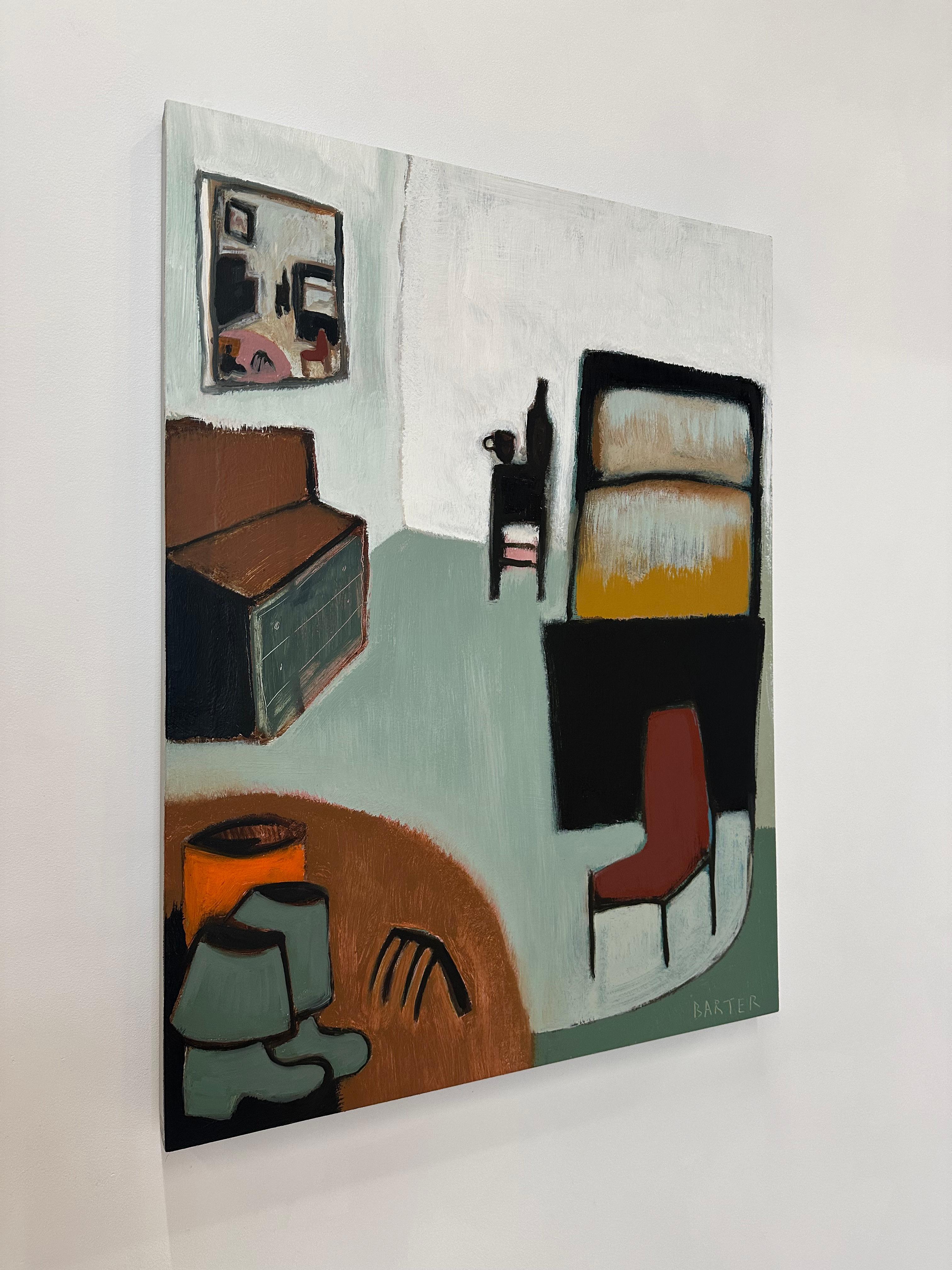 Wormdigger's Bedroom, Golden Yellow Ochre Bed, Mirror, Boots, Burgundy Red Chair - Contemporary Painting by Matt Barter