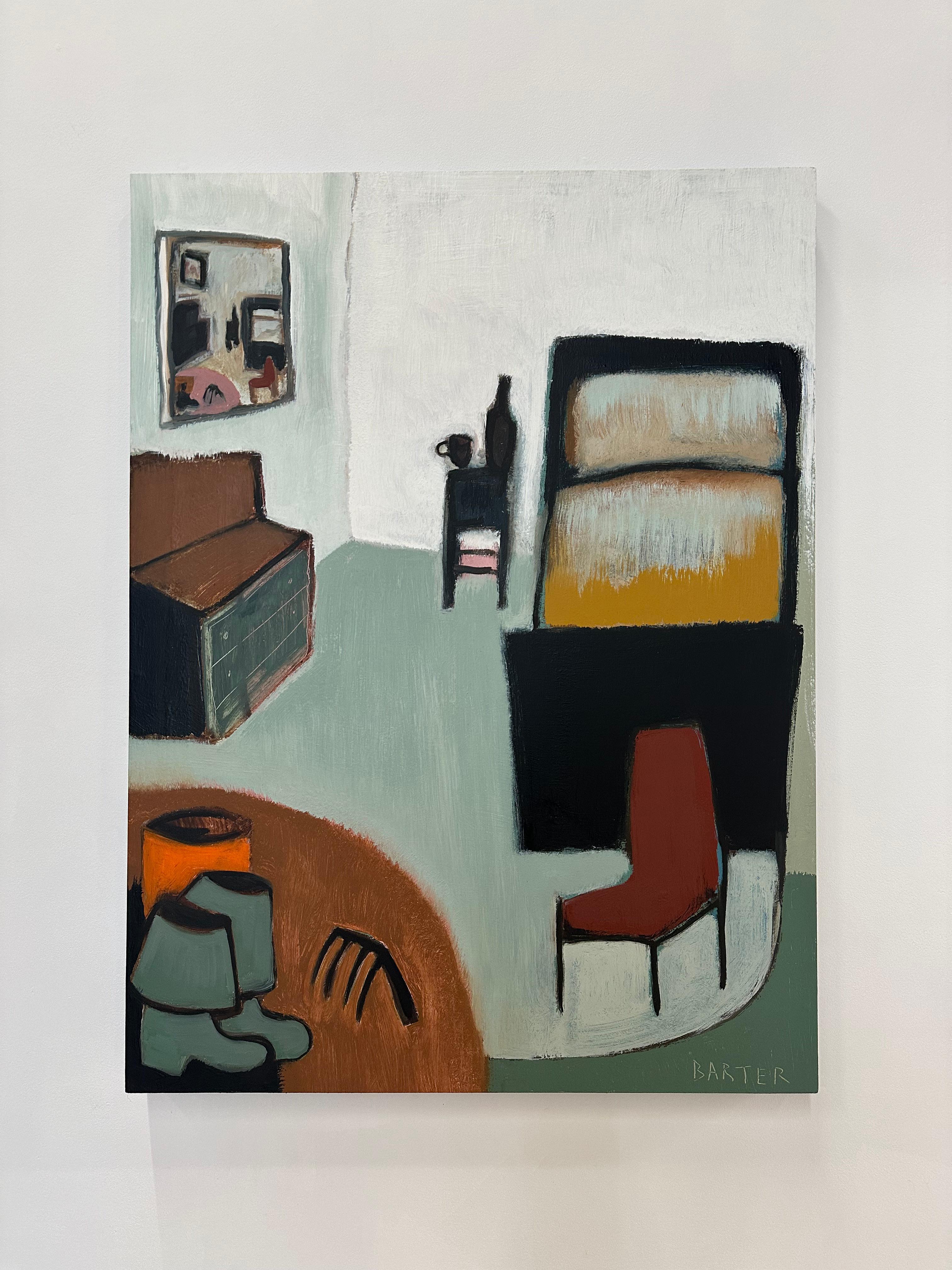 Wormdigger's Schlafzimmer, goldgelbes Ocker-Bett, Spiegel, Stiefel, burgunderroter Stuhl – Painting von Matt Barter