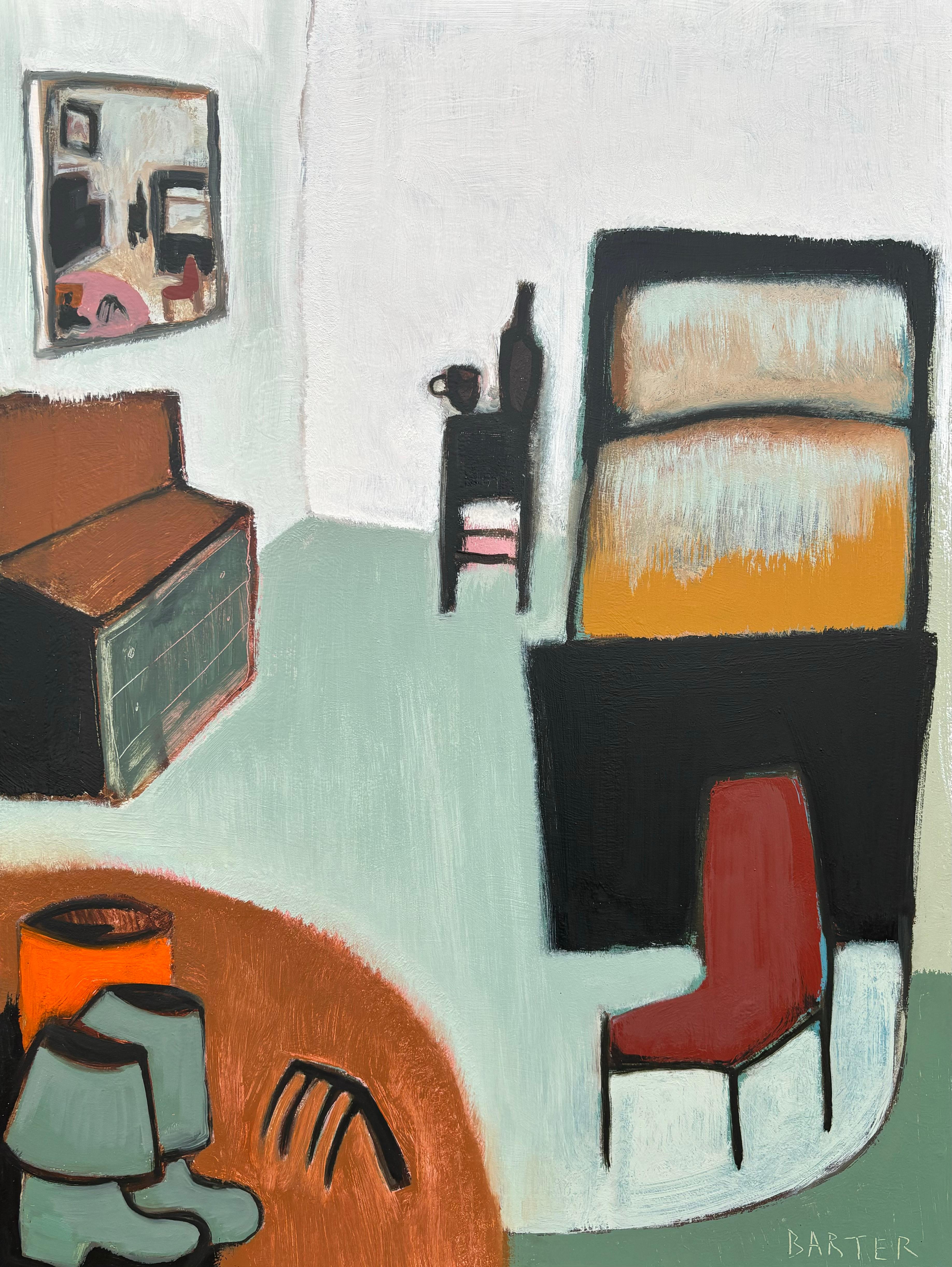 Matt Barter Interior Painting – Wormdigger's Schlafzimmer, goldgelbes Ocker-Bett, Spiegel, Stiefel, burgunderroter Stuhl