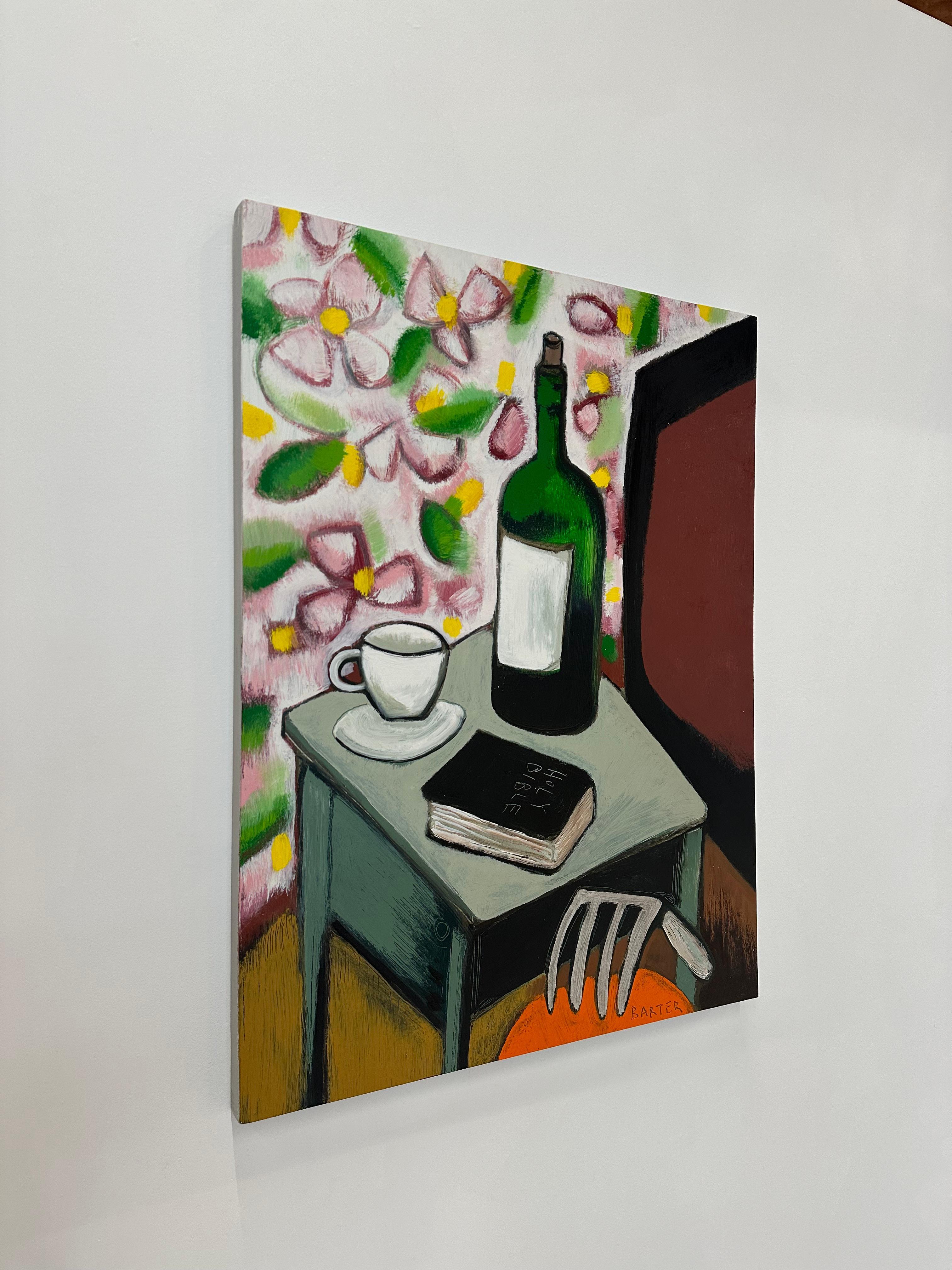 Wormdigger's Bedside Table, Wine Bottle, Botanical Pattern Wallpaper Bedroom - Contemporary Painting by Matt Barter