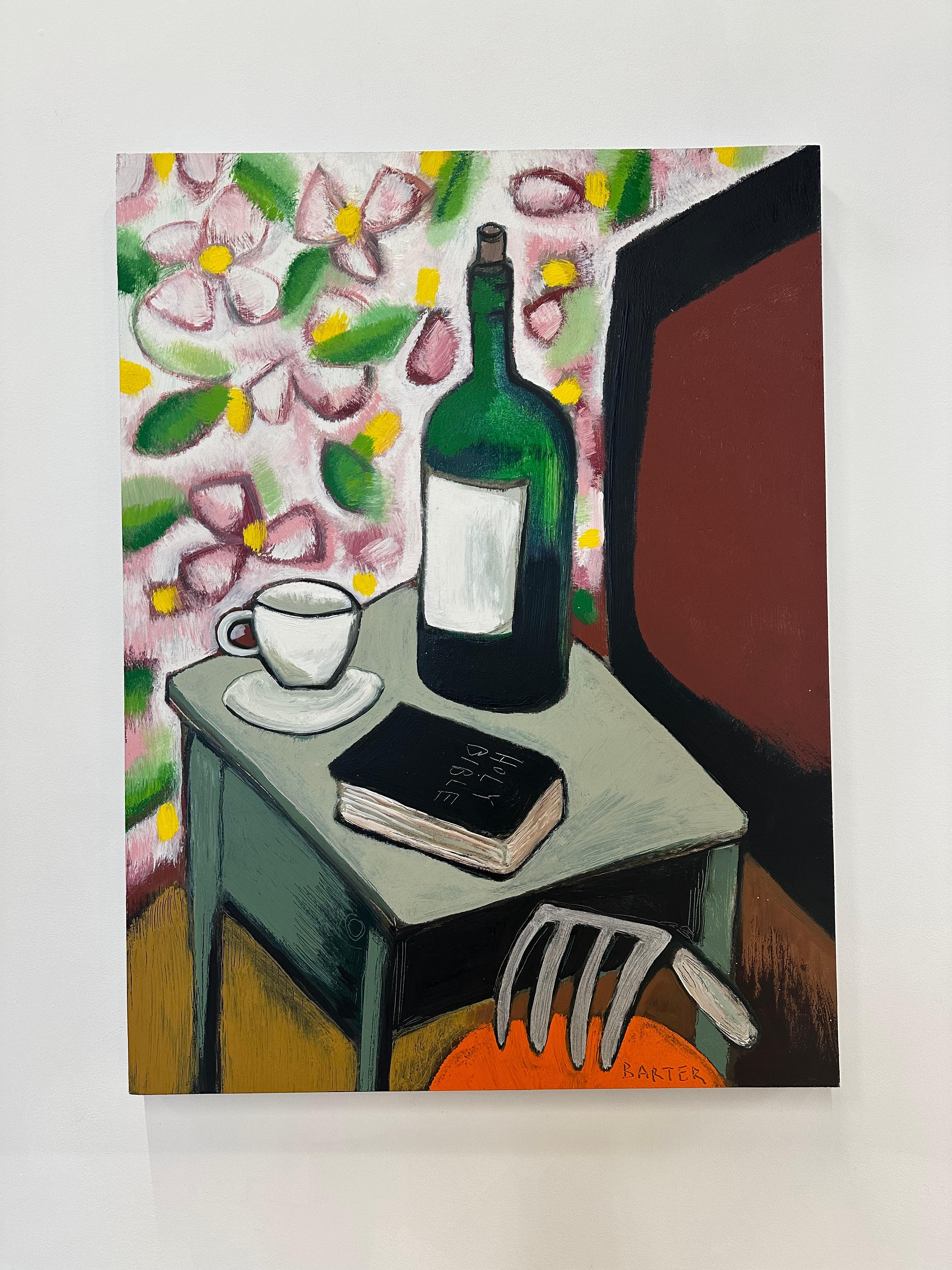Wormdigger's Bedside Table, Wine Bottle, Botanical Pattern Wallpaper Bedroom - Painting by Matt Barter