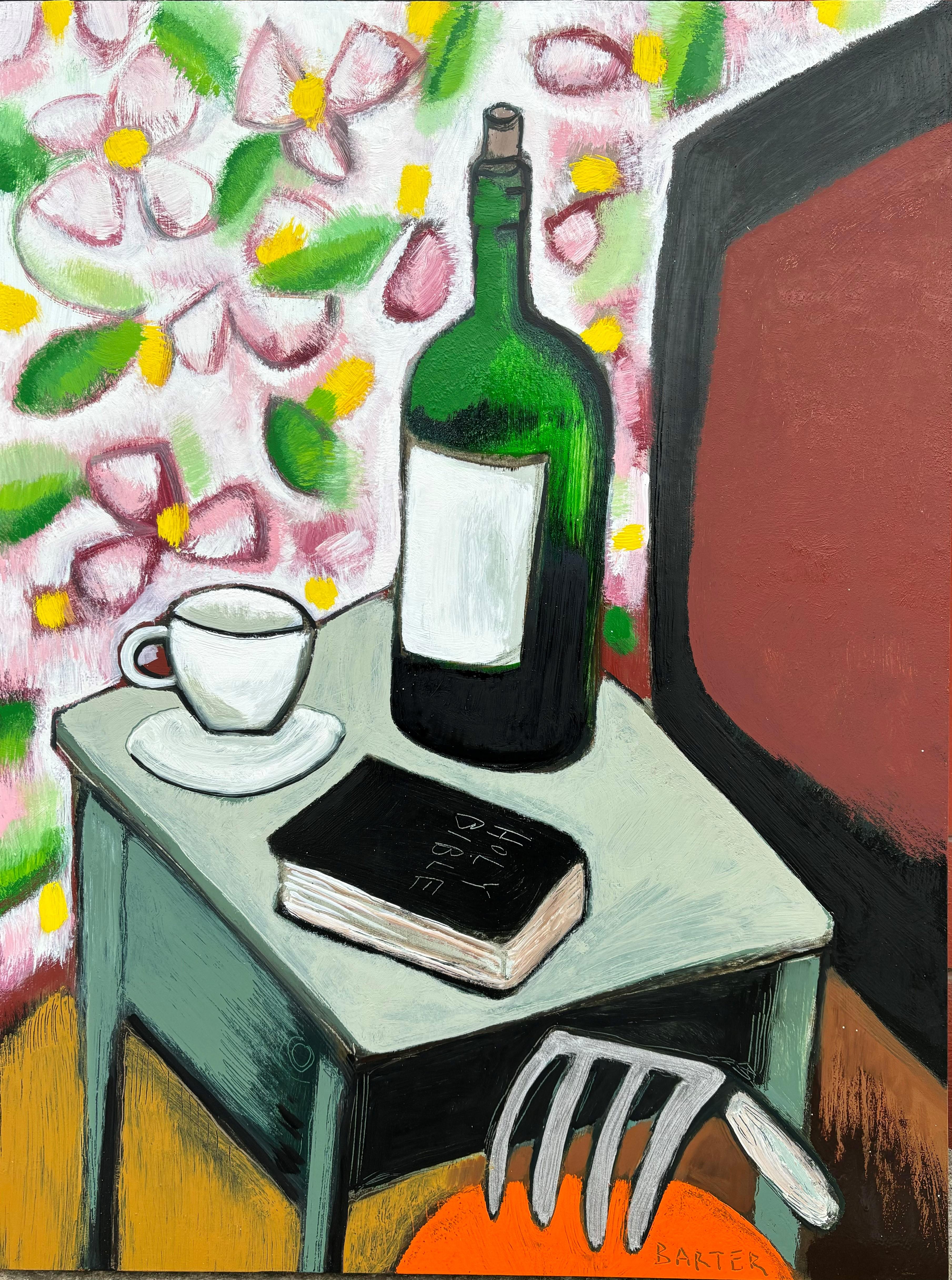 Matt Barter Still-Life Painting - Wormdigger's Bedside Table, Wine Bottle, Botanical Pattern Wallpaper Bedroom