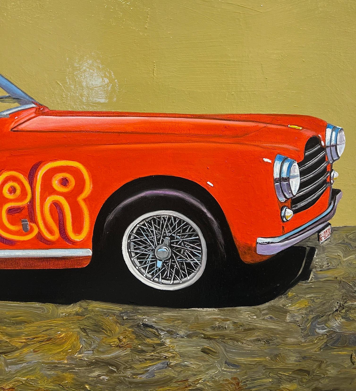 Graffiti coche Ferrari pintado a mano arte callejero óleo sobre lienzo arte pop contemporáneo - Landscape Painting Beige de Matt Belval