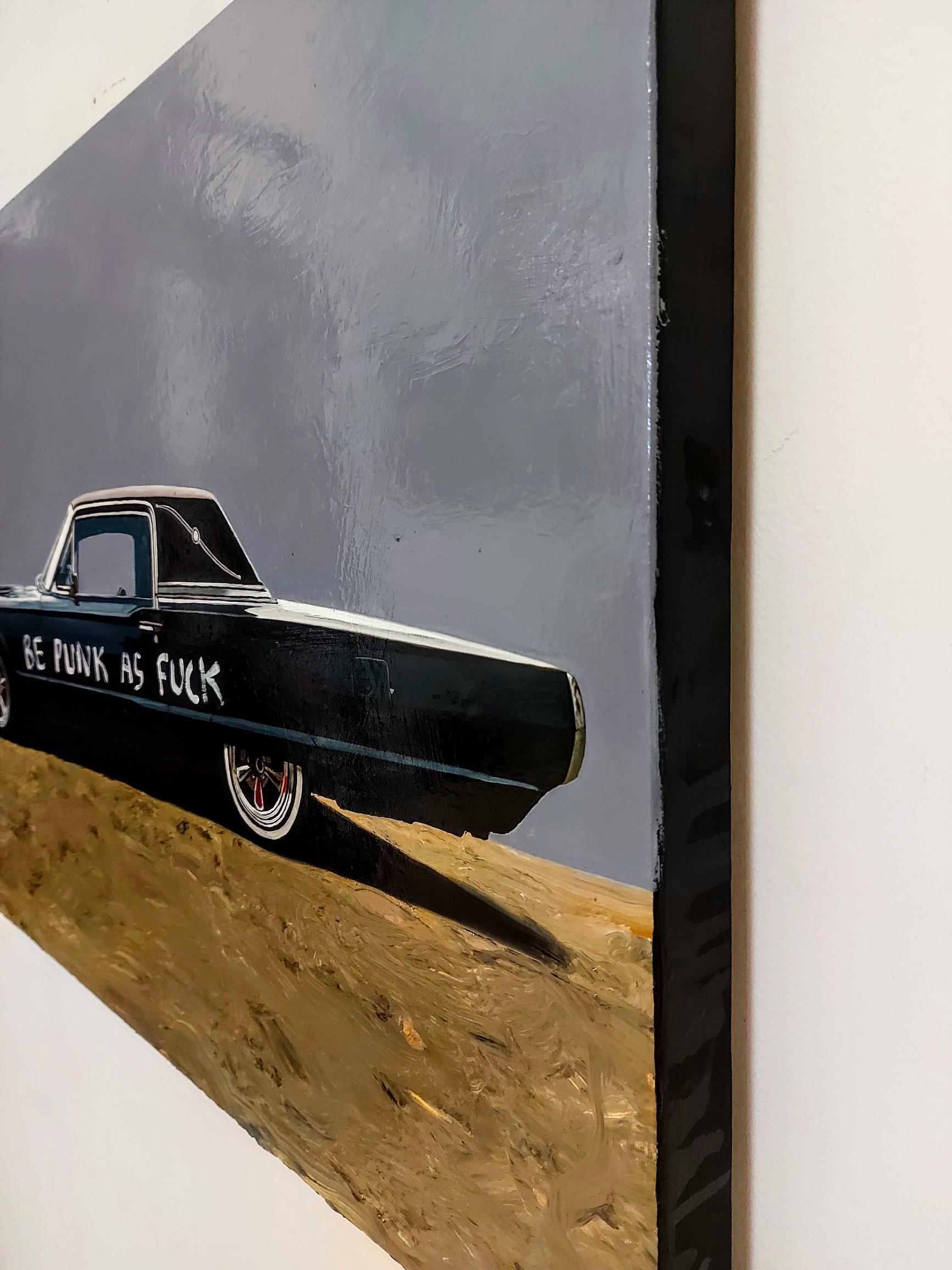 Graffiti vintage car hand painted street art oil on canvas pop art contemporary - Gray Landscape Painting by Matt Belval