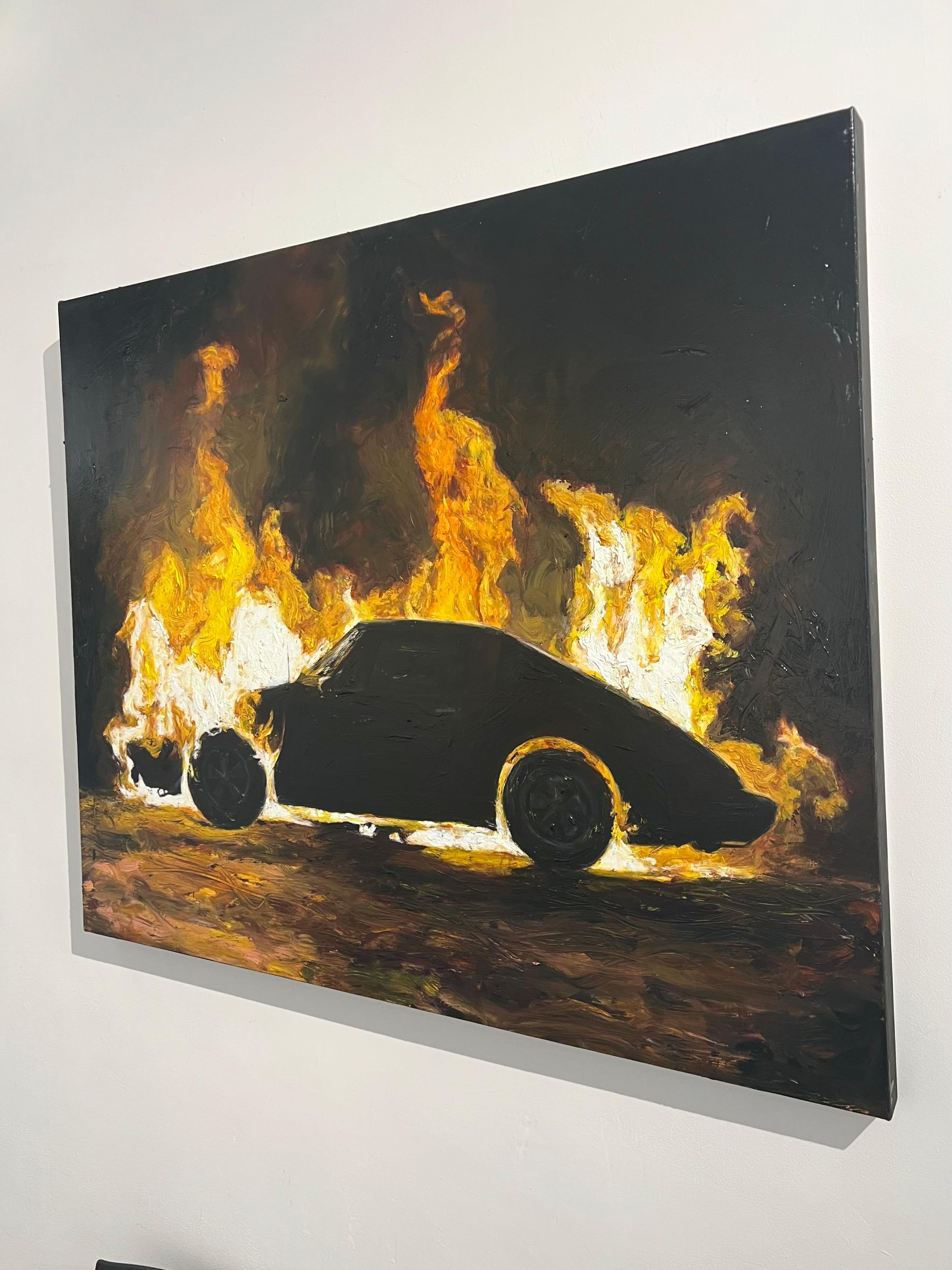 Porsche voiture peint à la main street art huile sur toile pop art contemporain feu - Painting de Matt Belval