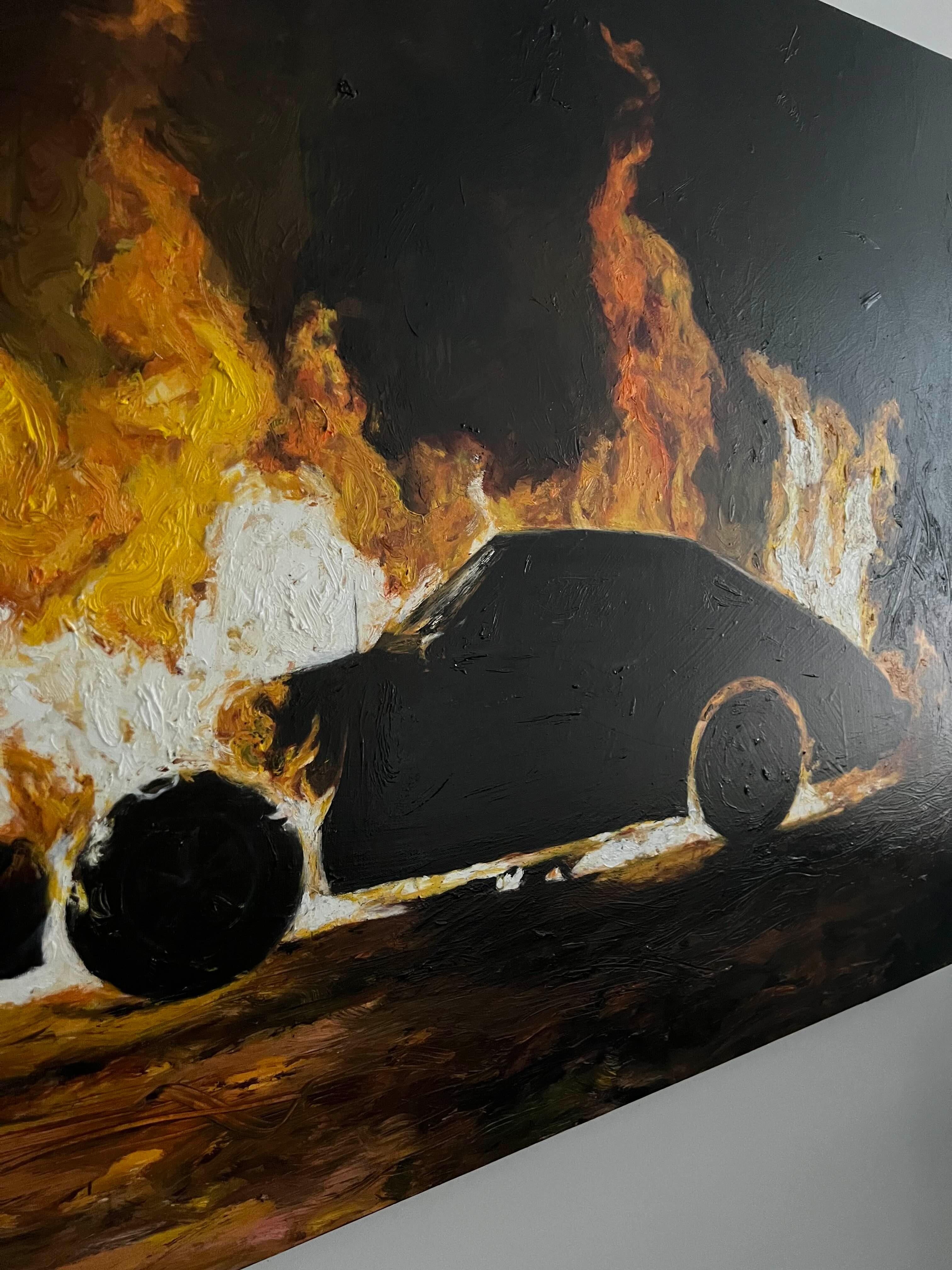 Porsche voiture peint à la main street art huile sur toile pop art contemporain feu - Art urbain Painting par Matt Belval