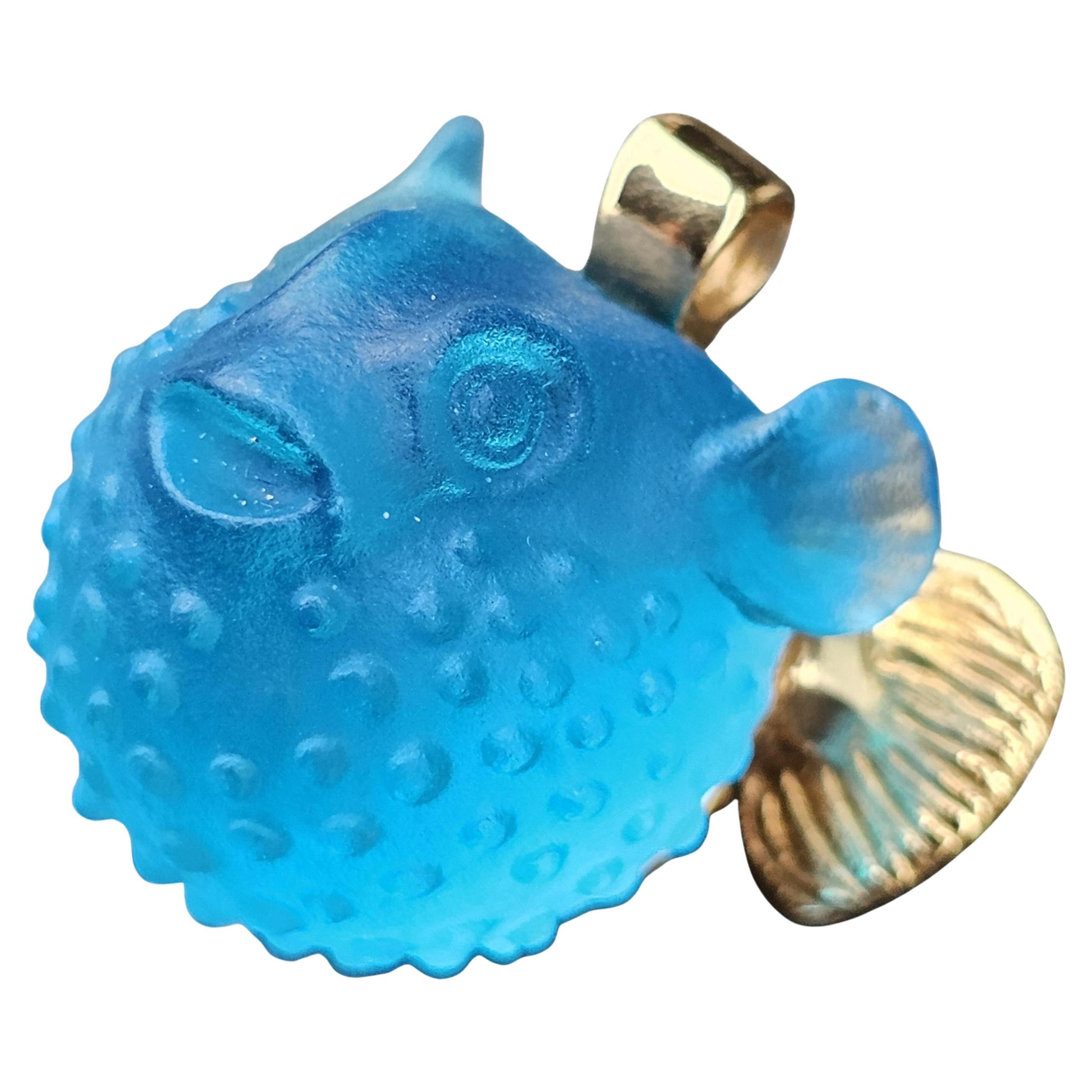 Matt Bezak Blue Glass Puffer Fish Charm Pendant 14k Yellow Gold 13g 7/8" wide
