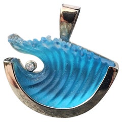 Matt Bezak Large Wave Pendant 14k White Gold Diamond Blue Glass 12.8g