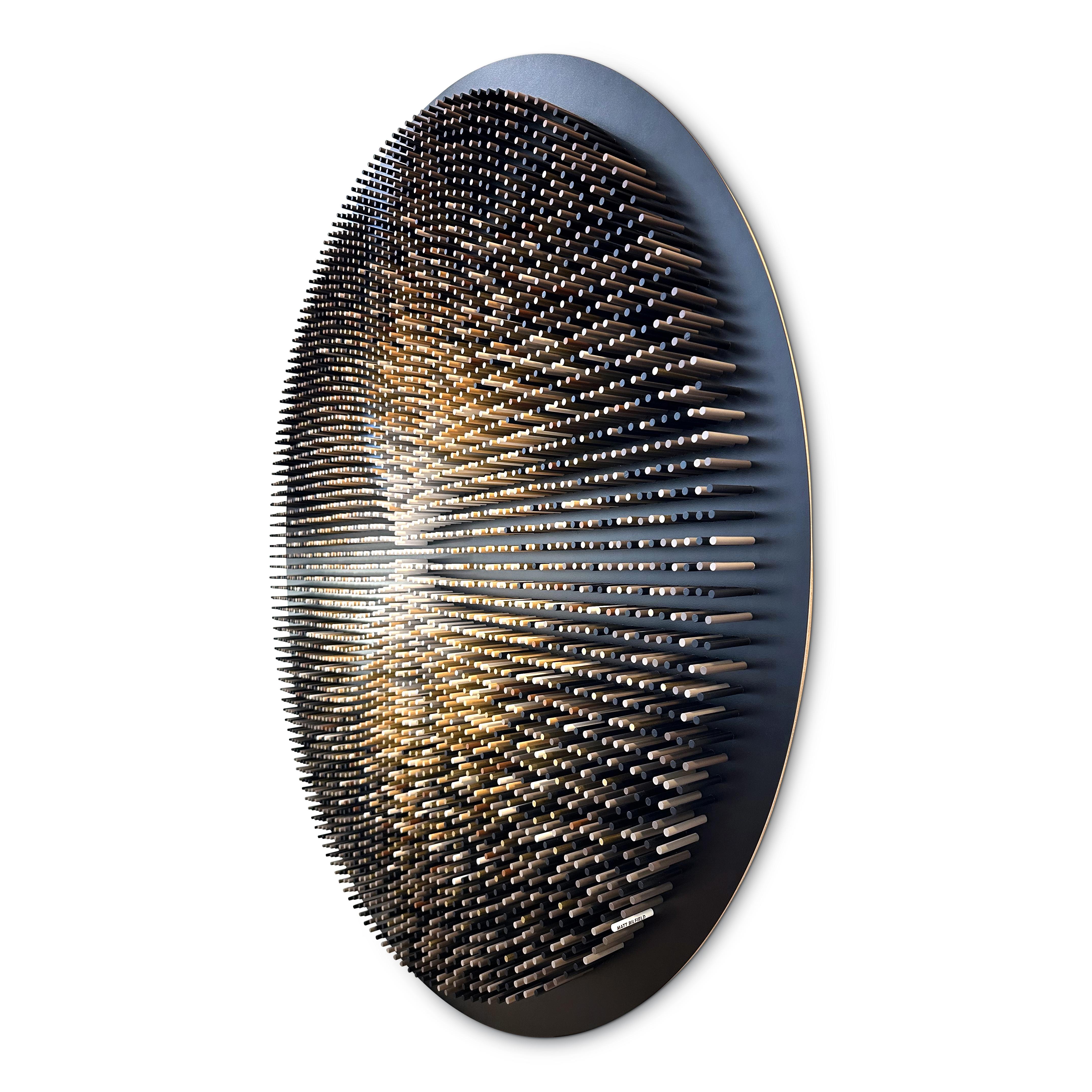 Abstract Round Wooden Dowel Wall Sculpture, 3793-SOLR-R-B by Matt Bilfield For Sale 1