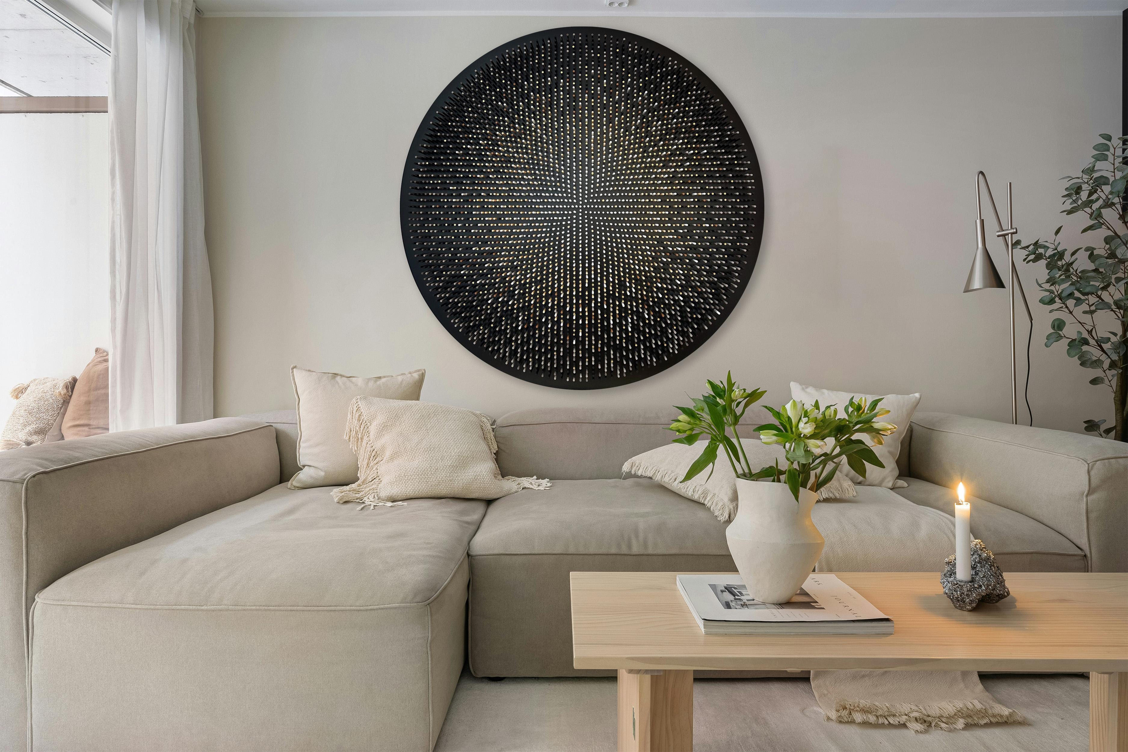 Abstract Round Wooden Dowel Wall Sculpture, 3793-SOLR-R-B by Matt Bilfield For Sale 3