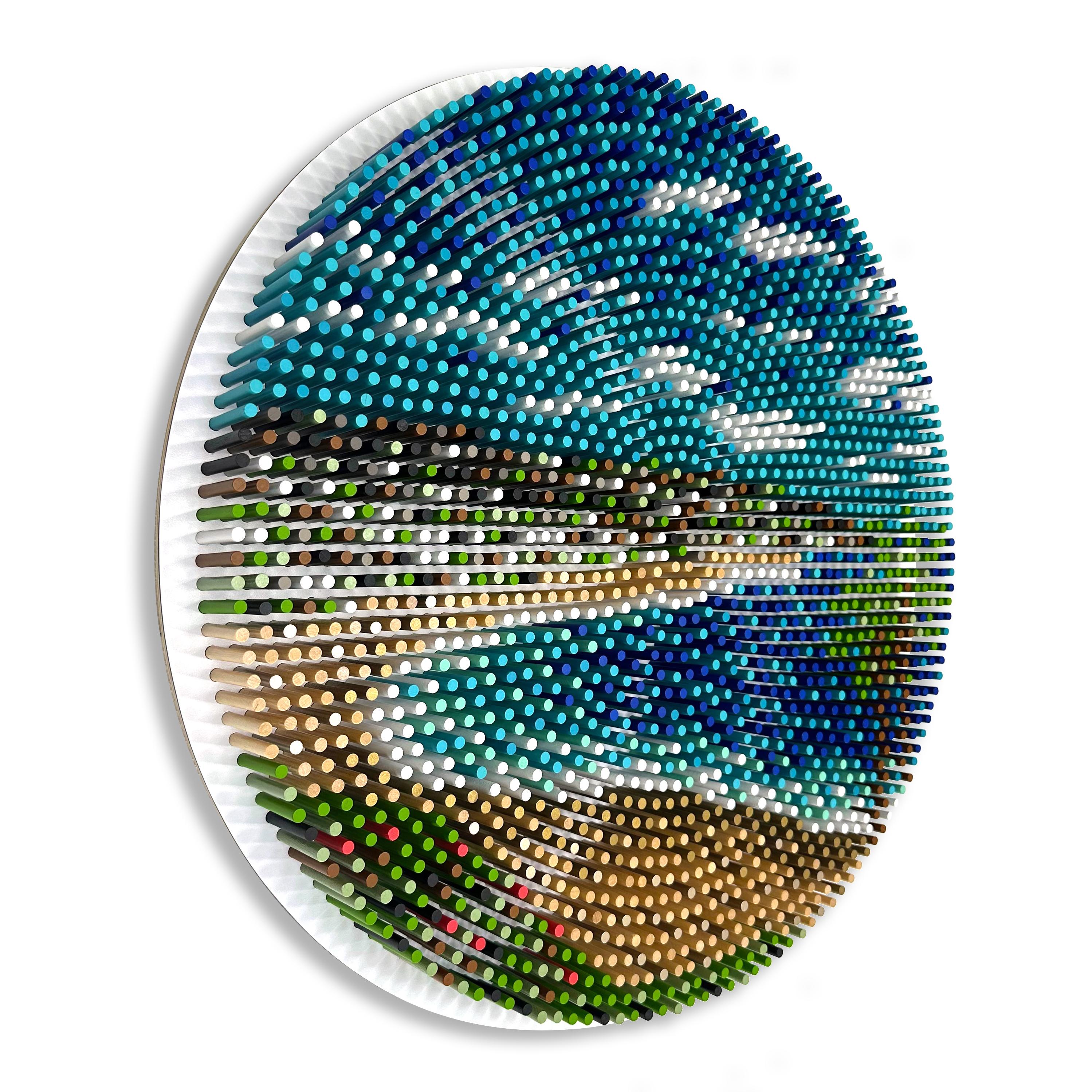 Abstrakte runde Holzdübel-Wandskulptur, Strand, 2056 Laguna von Matt Bilfield im Angebot 1