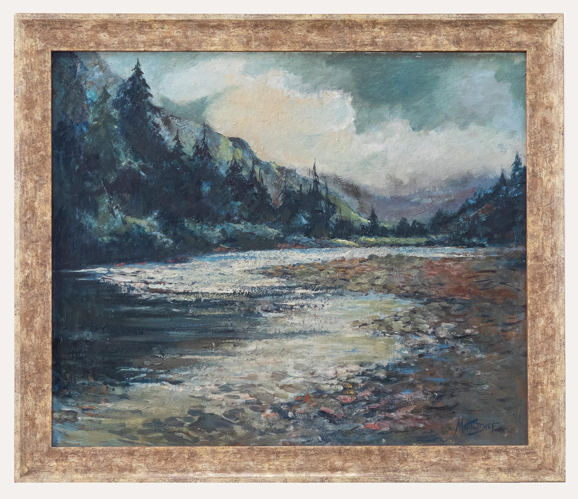 This dynamic oil depicts a forest view with fast flowing river rippling under stormy sky. The colour palette has been kept muted to help express the dramatic nature of this remote location. The artist has signed the scene to the lower right and the
