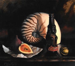 Nautilus Shell fig and bottle - contemporary art painting realism oil still life
