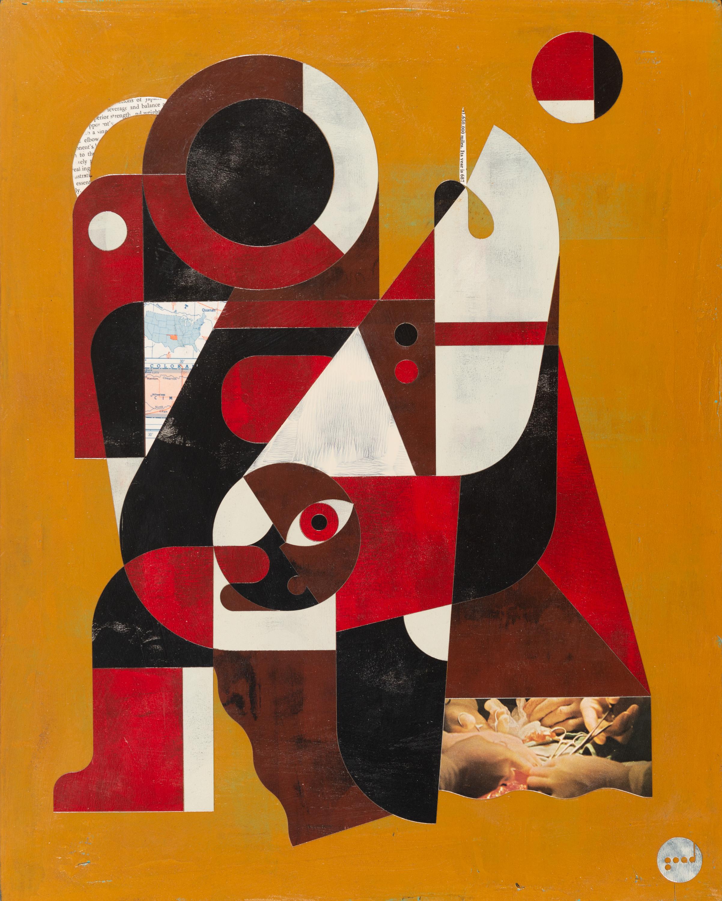 Esta obra en técnica mixta de 20" x 16" del artista de Oklahoma, Matt Goad, presenta una compleja composición de formas geométricas y orgánicas sobre un cálido fondo amarillo anaranjado. La pieza está dominada por formas abstractas entrelazadas en