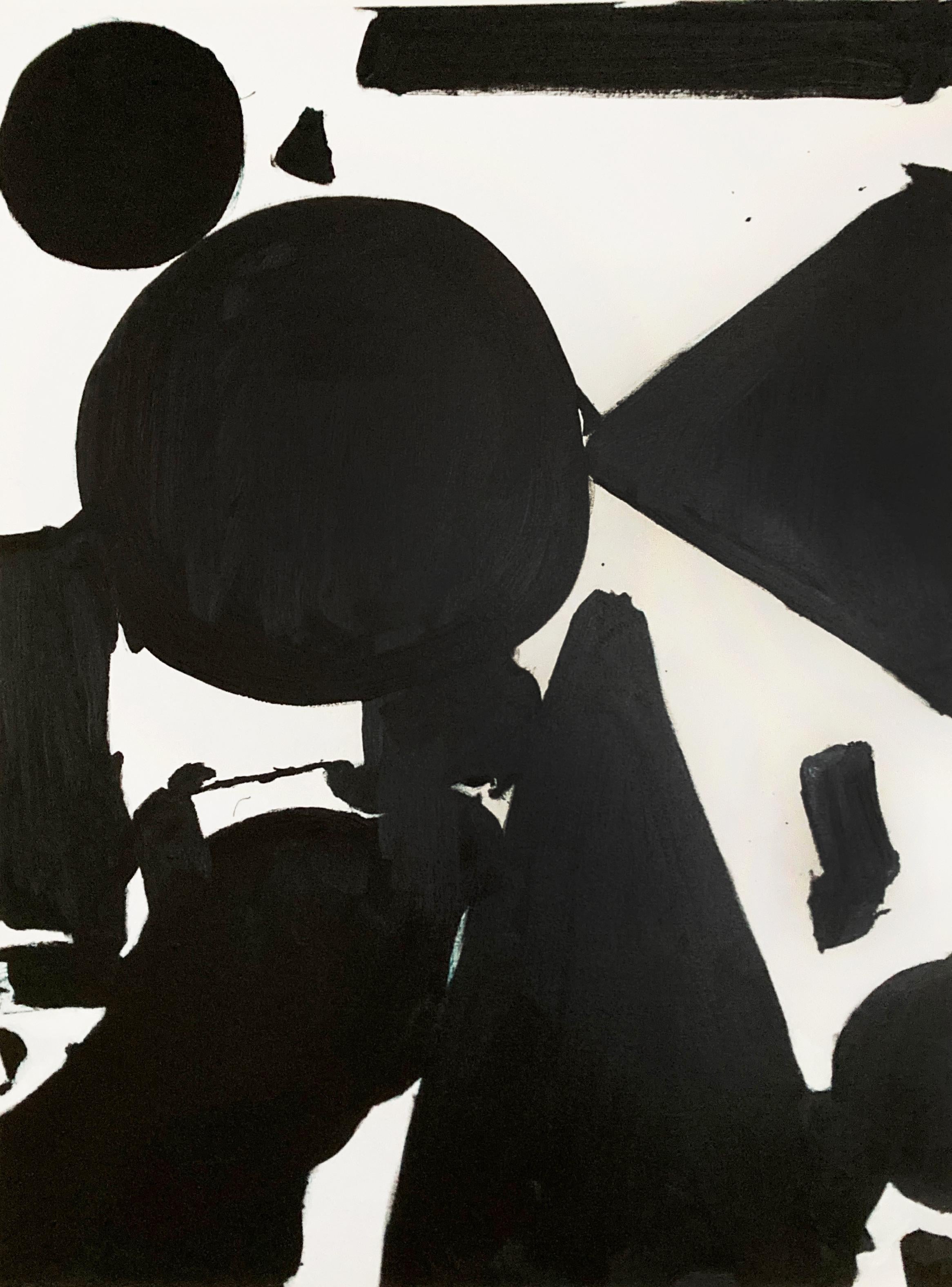 "Afterparty" ist ein Gemälde in Öl auf Leinwand, das ein Vokabular geometrischer Formen verwendet, die sich zu neuen und unvorhergesehenen Momenten zusammenfügen. Das ursprünglich mit Acryl auf Leinwand ausgeführte Gemälde strahlt Spontaneität und