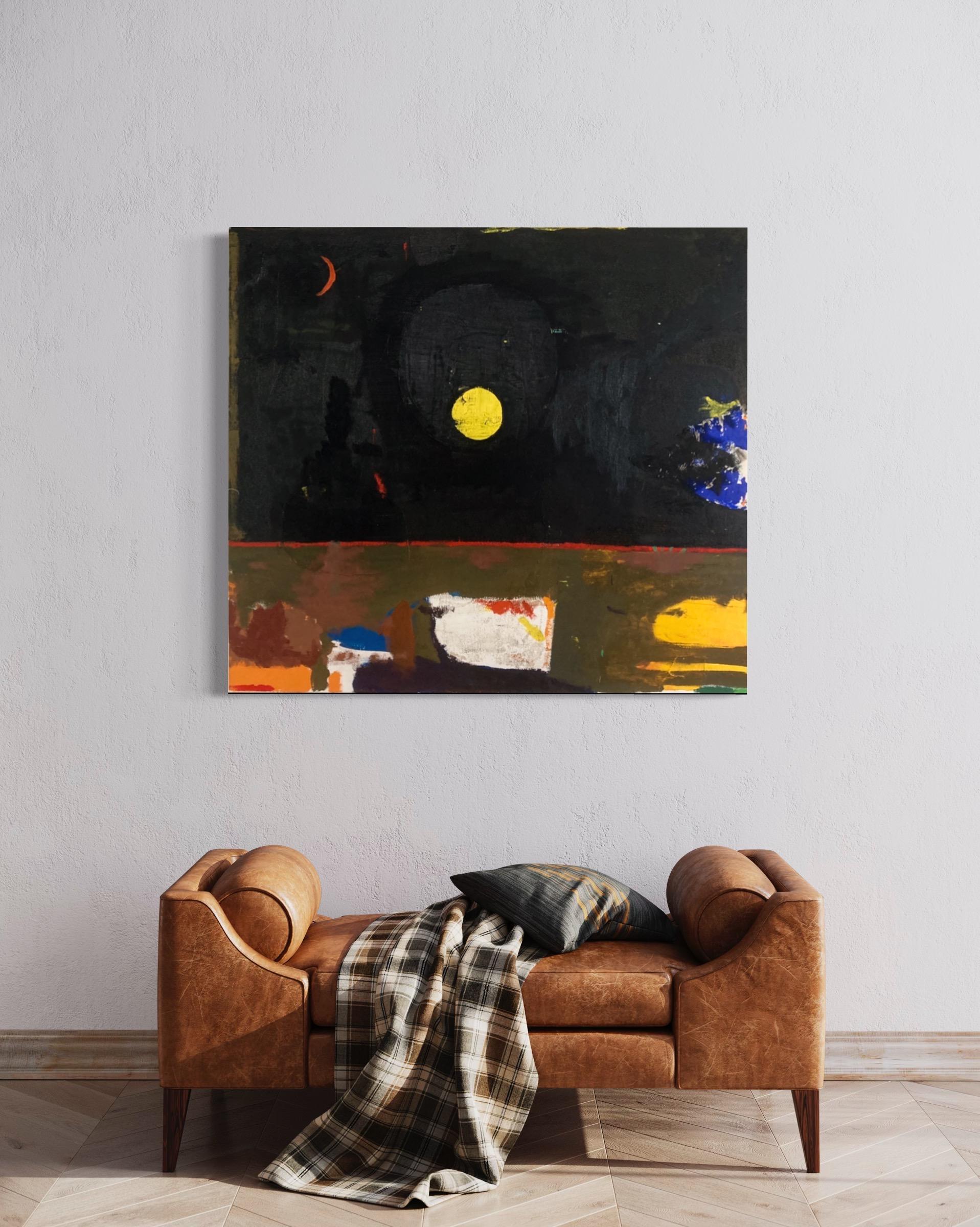Arid incorporates elements of the landscape, texture and mixed materials to create a desert like scene open to interpretation.  Created in 2022, this painting is part of the ongoing series of landscape paintings that shows a circle, sun or moon as