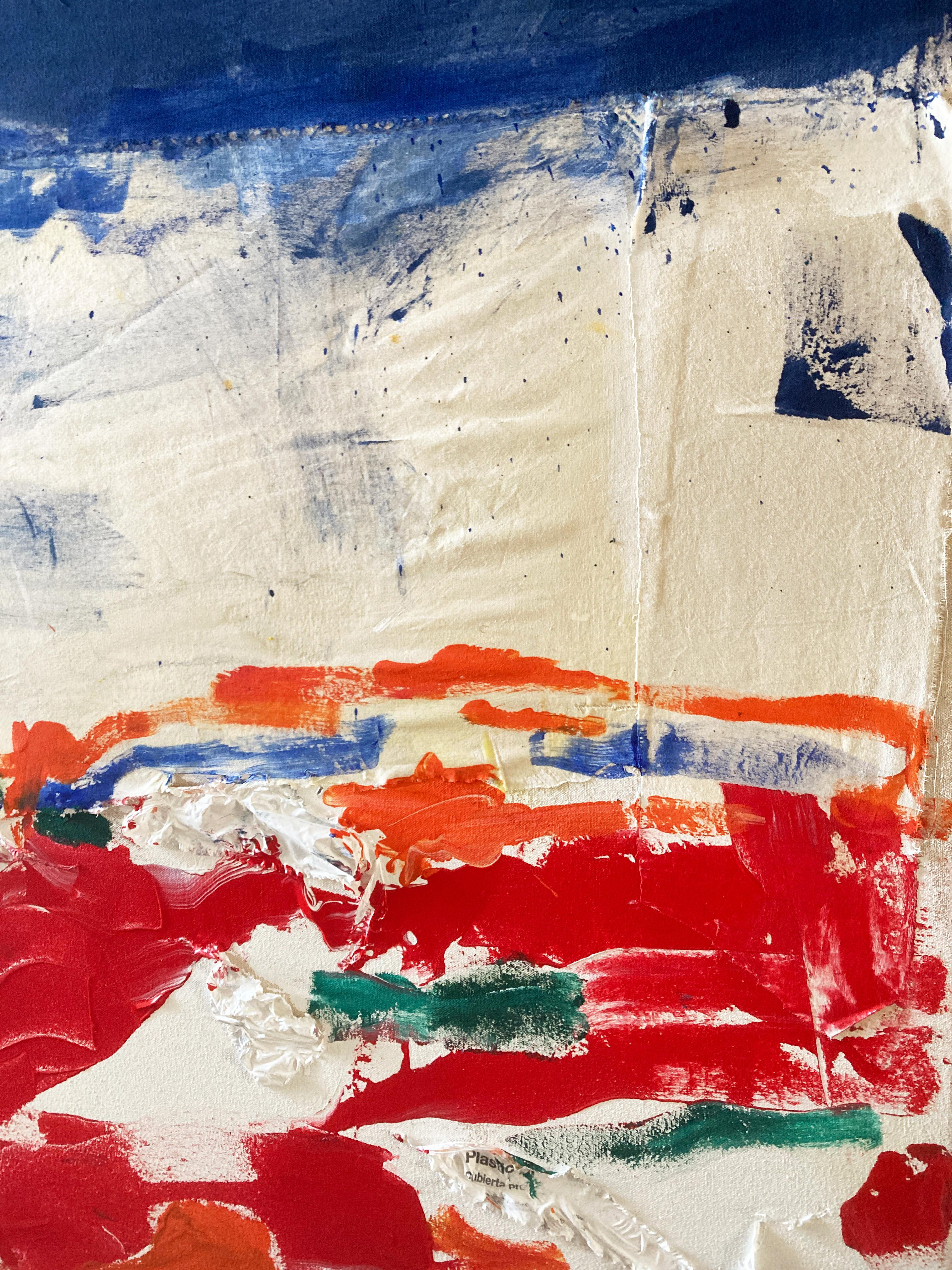 This painting was constructed using a number of attached surfaces including canvas, muslin and plastic debris.  Attaching strips of canvas allows me to recycle used material into new work along with other materials on the studio floor that would
