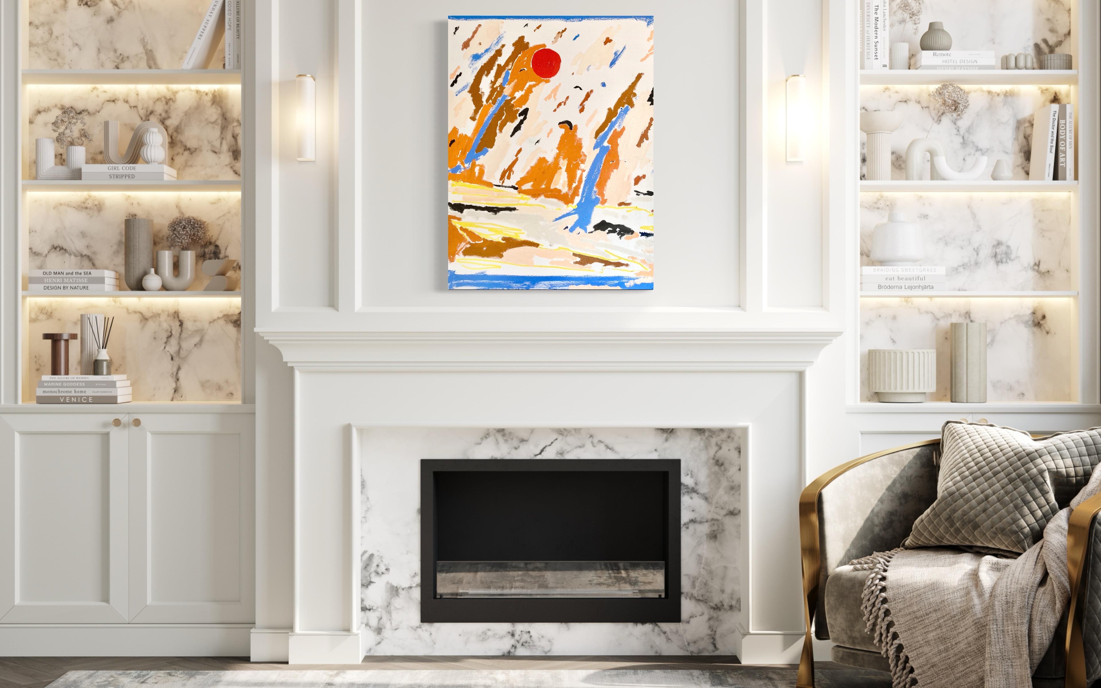Cool Drift is an abstract interpretation of a landscape in an open flat space.  Bits of texture from the earth, plant forms and clouds drift over the canvas creating a sense of soothing motion.  The bold saturated colors are balanced with the gentle