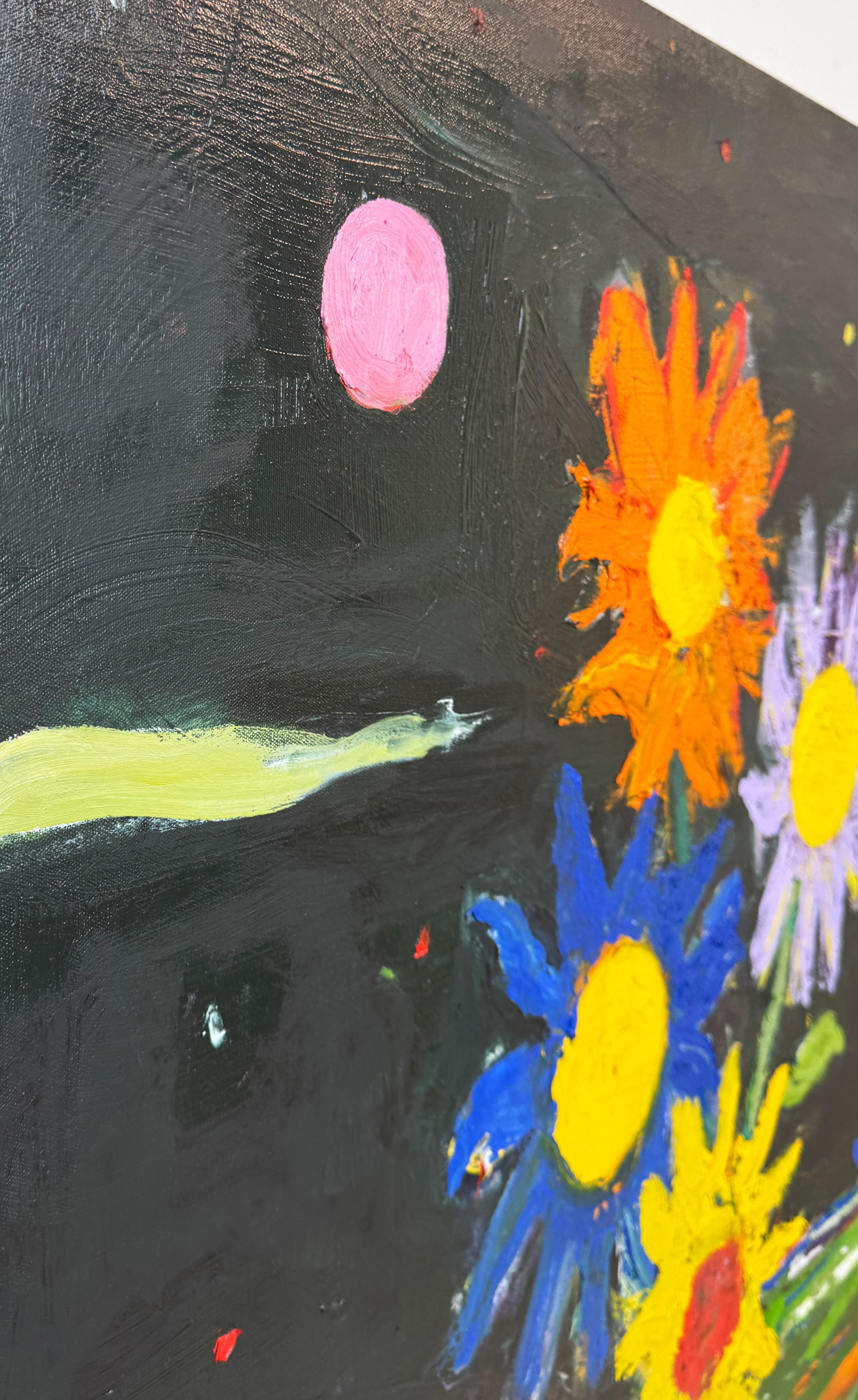 Cosmic Blossoms è un dipinto a olio vibrante ed espressivo che continua l'esplorazione dell'artista di motivi floreali, vegetali e paesaggistici in paesaggi surreali e onirici. Realizzato con pennellate spesse e a impasto, il dipinto presenta